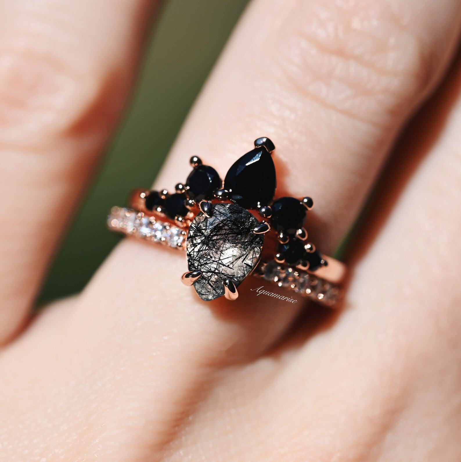 14K Rose Gold Vermeil Rutilated Quartz & Black Onyx Ring Set – Elegant Jewelry for Women, Perfect for Weddings, Parties & Everyday Wear