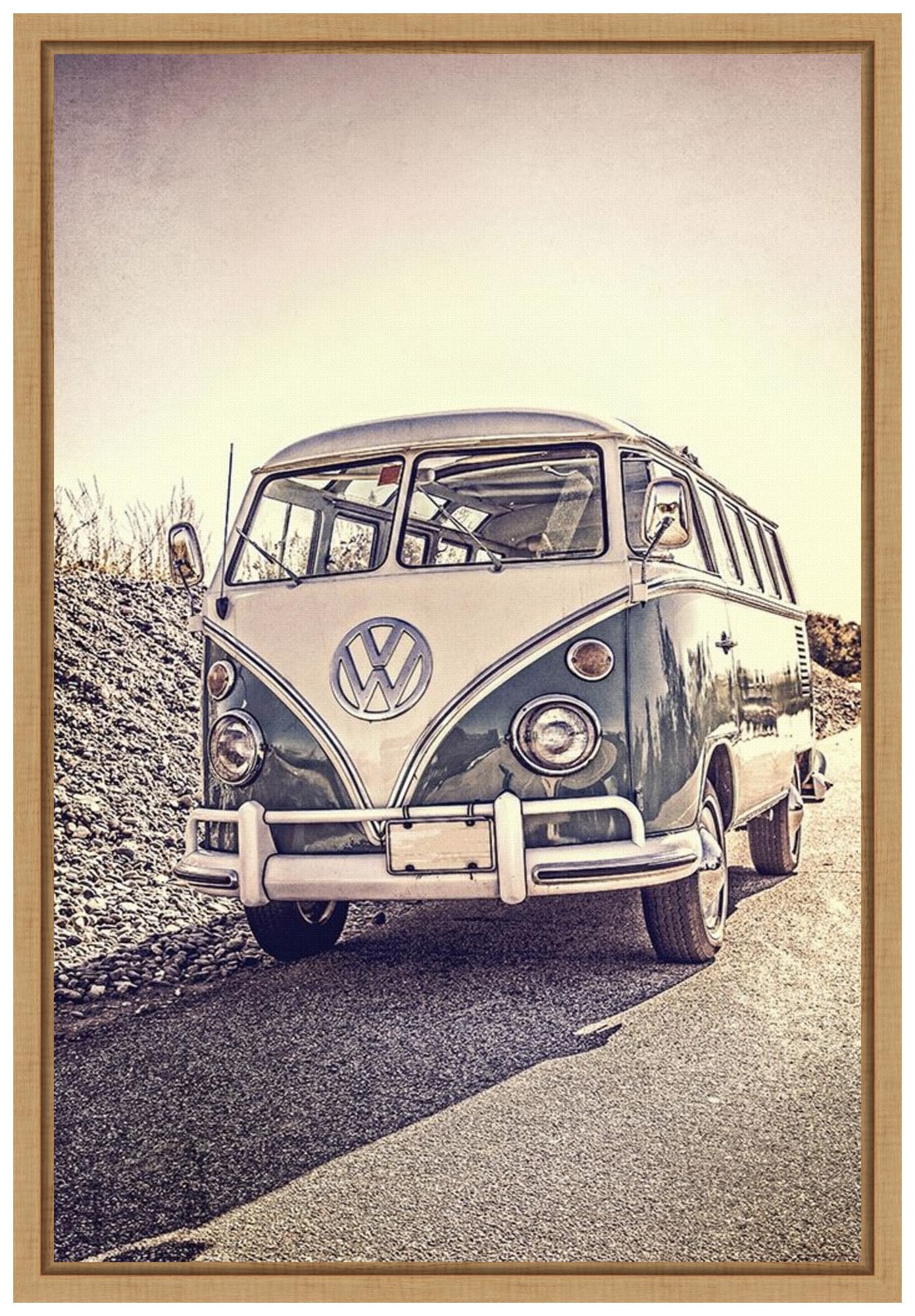 Amanti Art Framed Canvas Wall Art - 23x16 Vintage VW Bus Surfers Painting by Edward M Fielding | Transportation Artwork, Modern Home Decor | Perfect for Living Room & Bedroom Wall Decor | Beach House & Surf Theme Interior Design