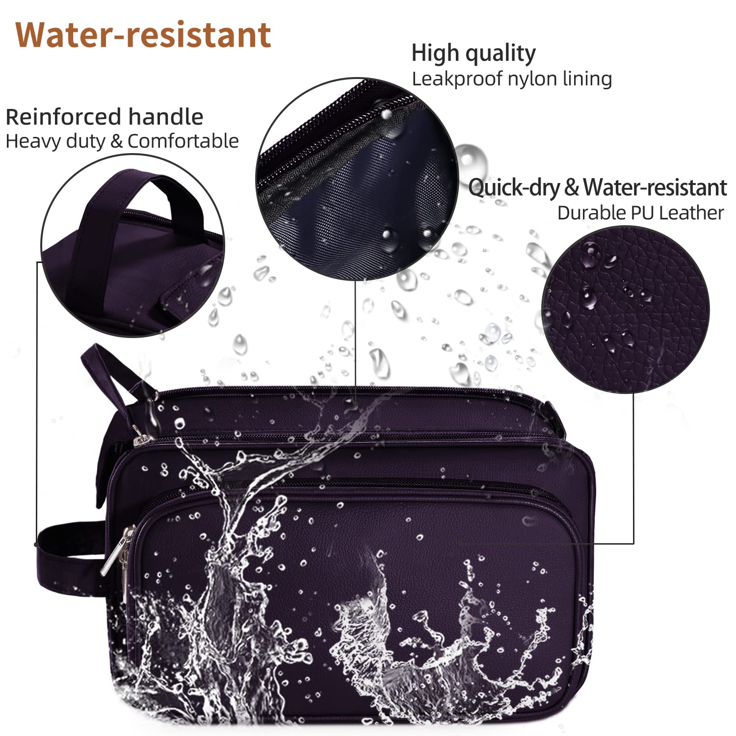 Buruis Large Waterproof Travel Toiletry Bag for Men & Women - PU Leather Cosmetic Organizer, Dopp Kit & Shaving Bag for Bathroom Essentials (Purple) - Perfect for Business Trips, Vacations & Gym Use