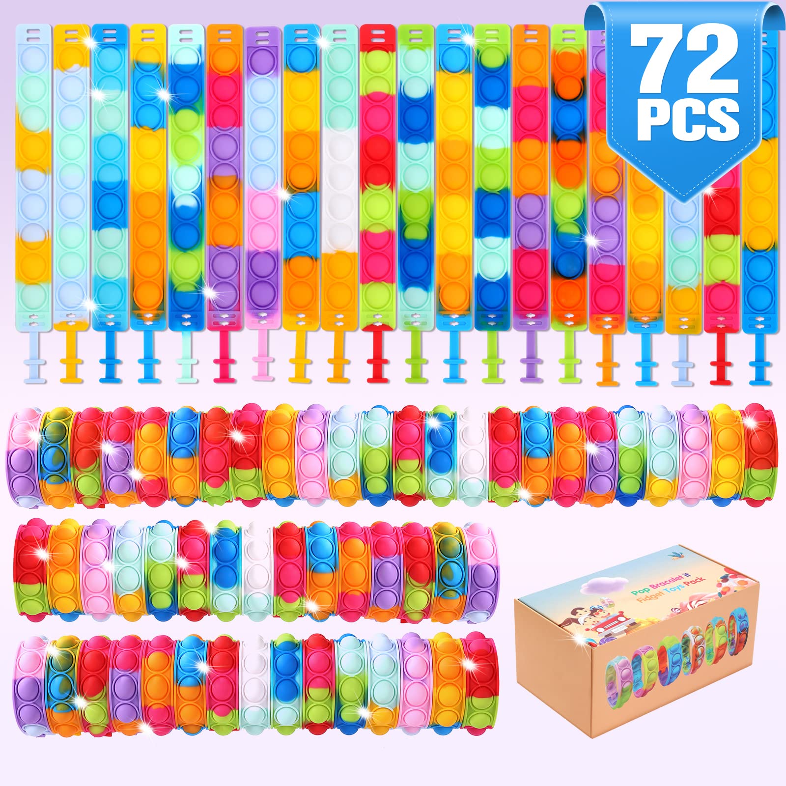 72 PCS Pop Fidget Bracelet Toys Pack - Stress Relief Sensory Toys for Kids with Autism & ADHD, Easter Birthday Party Favors, Classroom Rewards, Return Gifts - Fun Novelty Toys for Girls & Boys (Great for Anxiety Relief, Focus Improvement and Sensory Play)