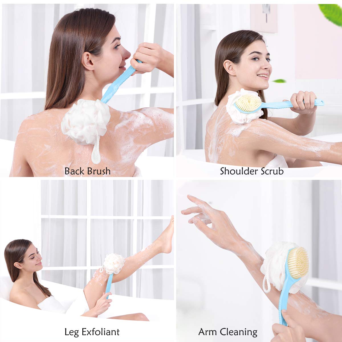 GREEVA 2 in 1 Bath & Body Brush with Soft Loofah & Bristles - Long Handle Back Scrubber for Shower or Dry Brushing - Exfoliating Brush for Women & Men - Perfect for Face, Body & Spa Care - Ideal for Deep Cleansing & Skin Exfoliation in Daily Shower Routine