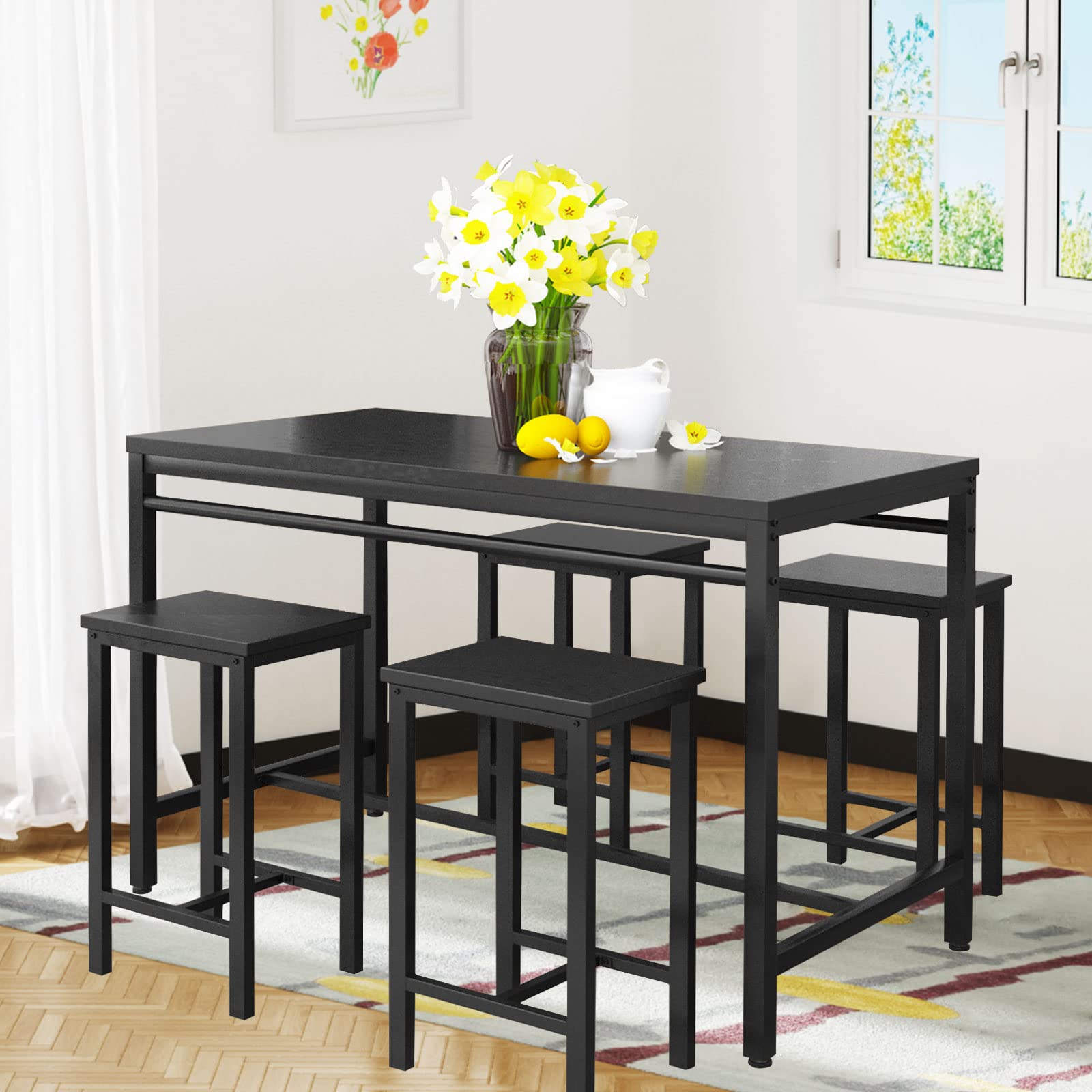 DKLGG 5-Piece Dining Table Set for 4 - Small Space Kitchen Table & 4 Chairs, Compact Dinette Set for Apartments, Restaurants - Jet Black | Perfect for Breakfast Nooks, Studio Apartments & Cozy Dining Spaces