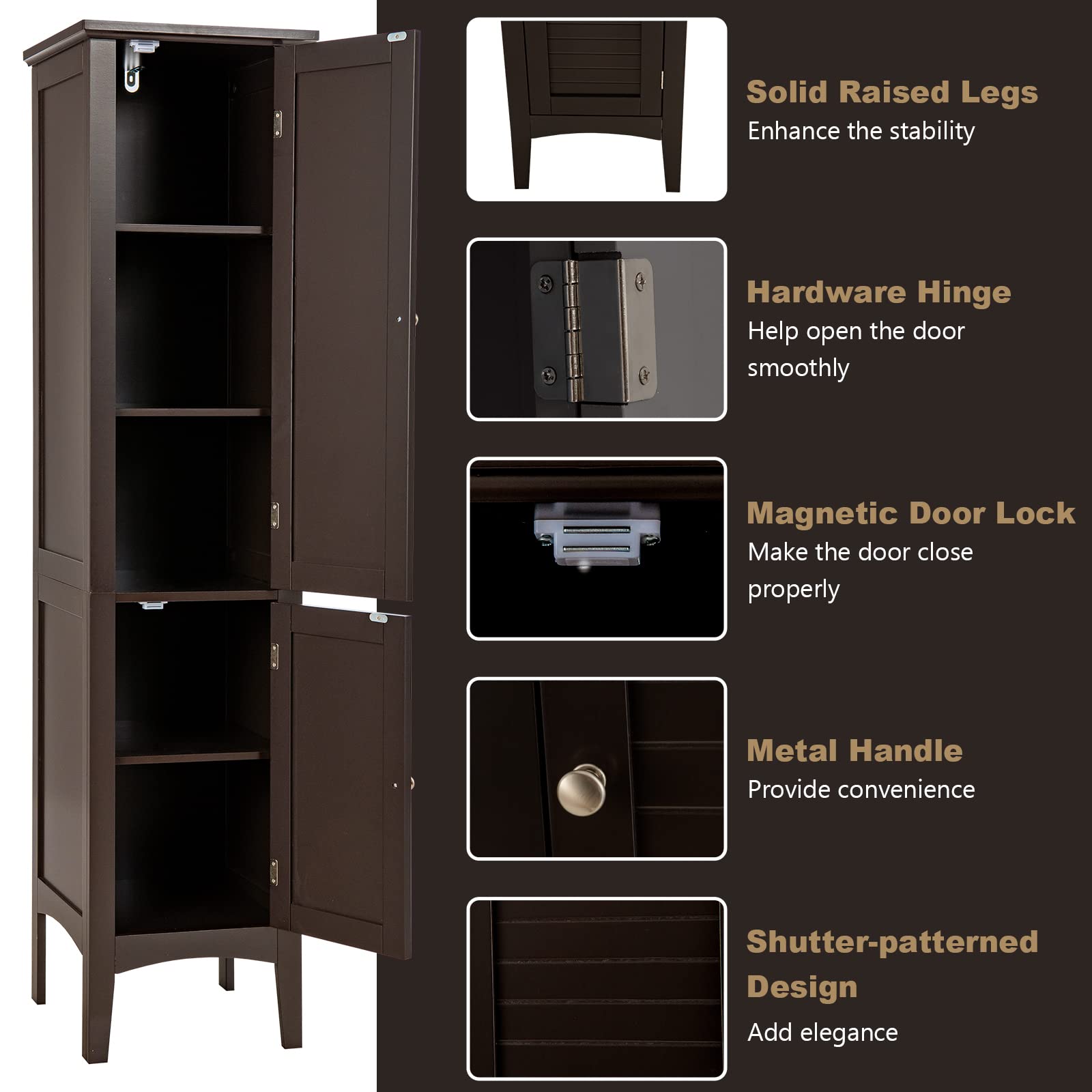 Tangkula 5-Tier Tall Bathroom Storage Cabinet - Freestanding Wooden Tower Organizer with 2 Doors & Shelves for Bathroom, Living Room, Kitchen - Narrow Floor Cabinet (Brown) | Perfect for Small Spaces, Apartment Storage & Home Organization