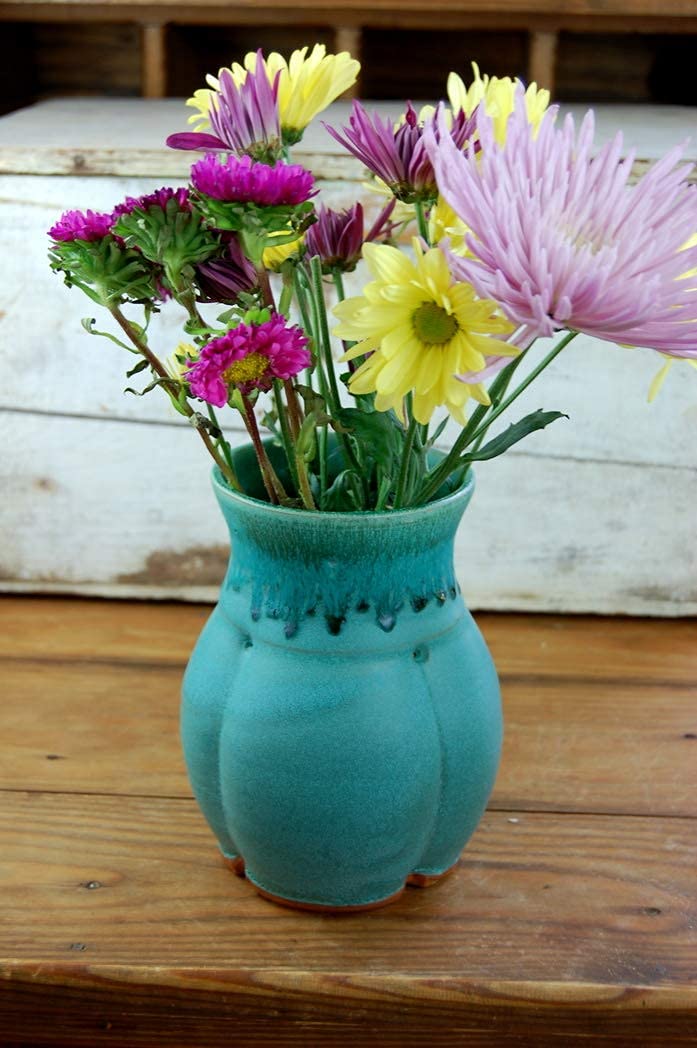 Handmade Turquoise Ceramic Flower Vase - Artisan Thrown Pottery from North Carolina - Perfect for Home Decor, Wedding Centerpieces & Boho Chic Interiors