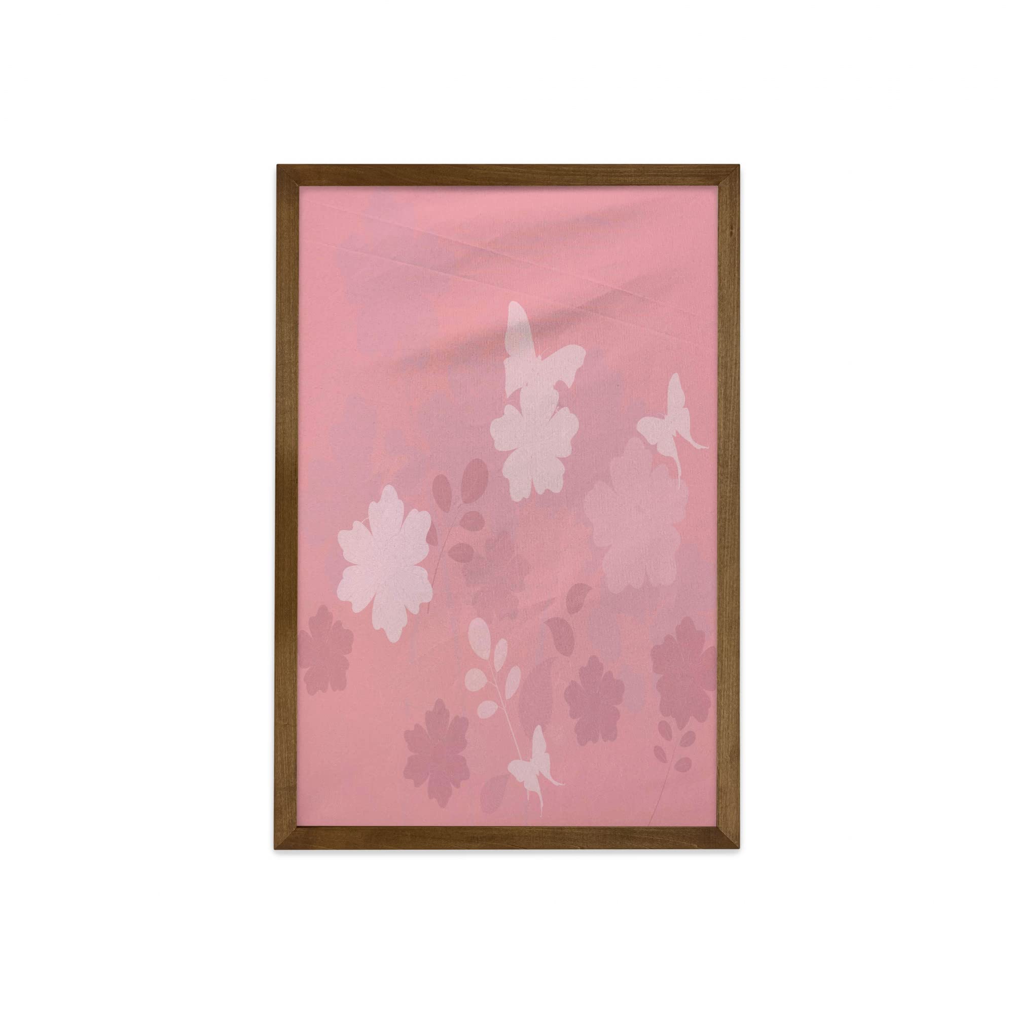 Ambesonne Rose Framed Wall Art - Dreamy Fantasy Spring Nature with Butterflies & Ornament, Teak Wood Frame Fabric Decor 23