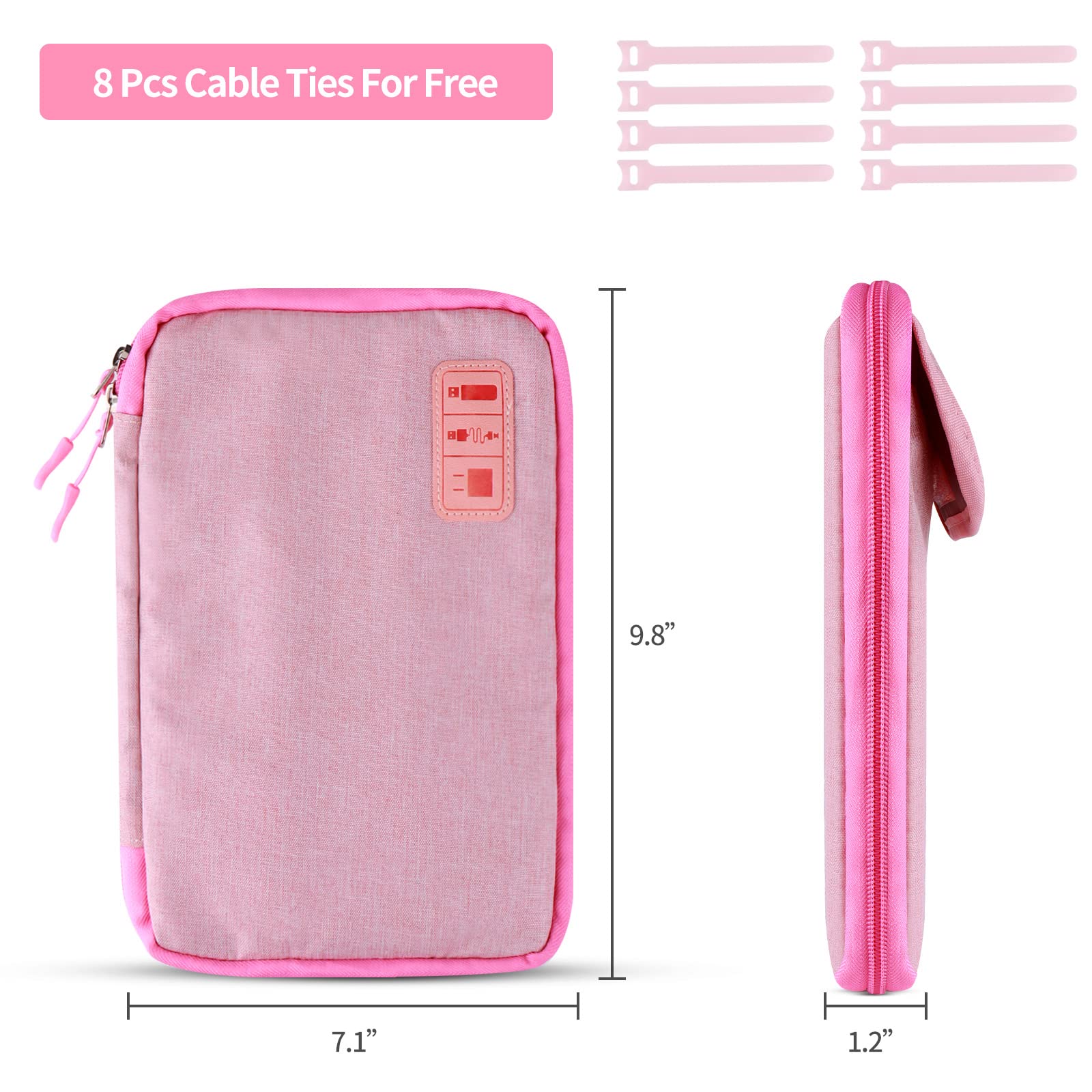Pink Travel Cable Organizer Bag - Portable Cord Storage Case for Charger, Phone, USB & SD Cards with 8 Cable Ties | Perfect for Travel, Office & Home Organization
