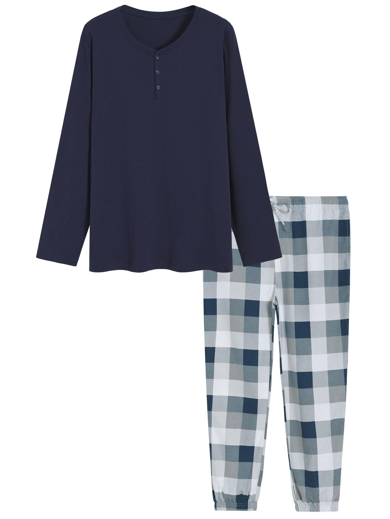 Men's Cotton Pajama Set - Long Sleeve Henley Top & Flannel Pants with Pockets | Soft & Comfortable Sleepwear for Winter, Lounge Wear at Home, Gift for Him