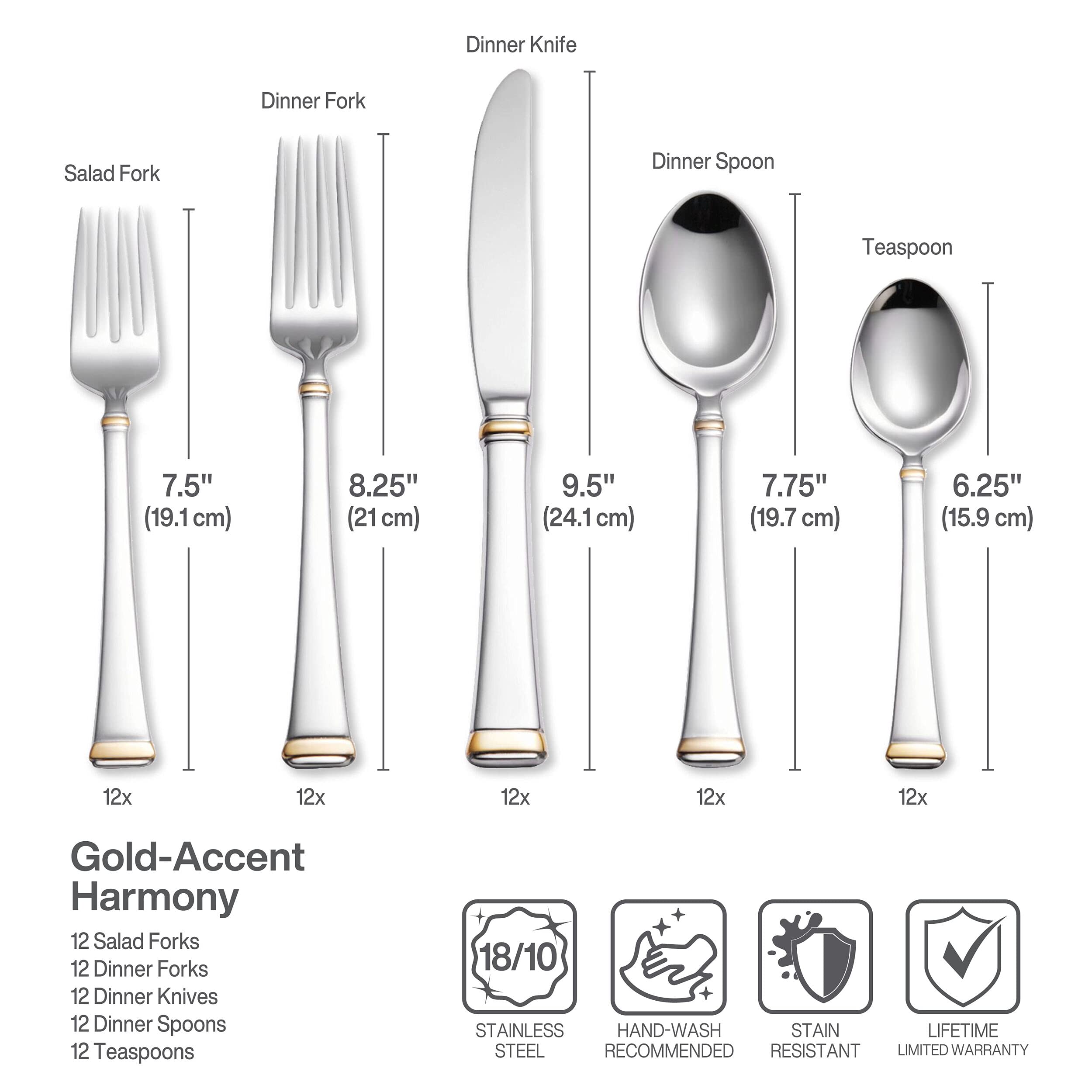 Premium Mikasa 65-Piece Gold Accent Harmony Flatware Set for 12 - 18/10 Stainless Steel Silverware with Serving Utensils - Elegant Dinnerware for Weddings, Holidays & Formal Dining