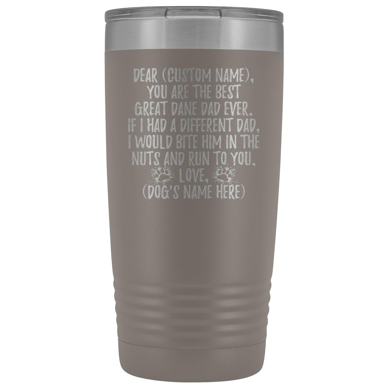 Personalized Great Dane Dog Dad Tumbler - 20oz Stainless Steel Pewter Cup for German Mastiff Owners - Perfect Gift for Gentle Giant Lovers - Ideal for Coffee, Tea & Cold Drinks at Home, Office or Outdoor Adventures