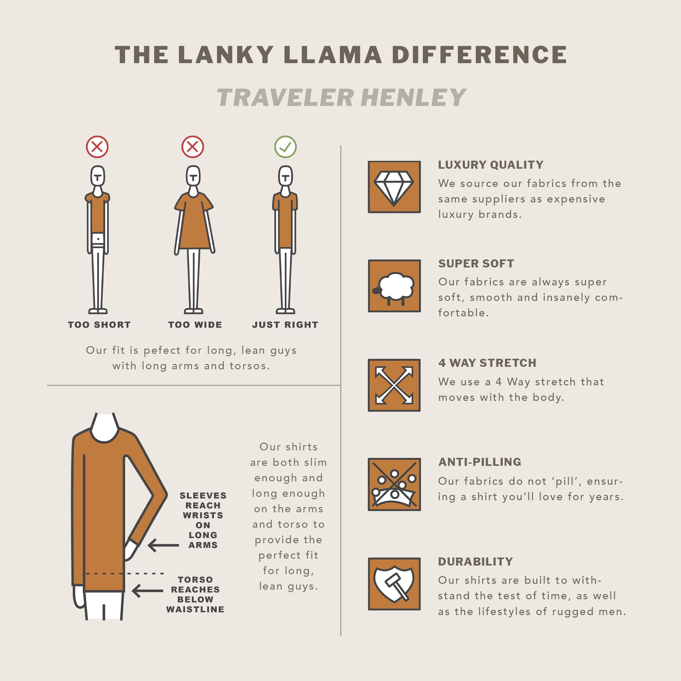 Lanky Llama Traveler Long Sleeve Henley Shirt for Slim & Tall Men | Comfortable Casual Wear for Travel, Hiking & Outdoor Activities