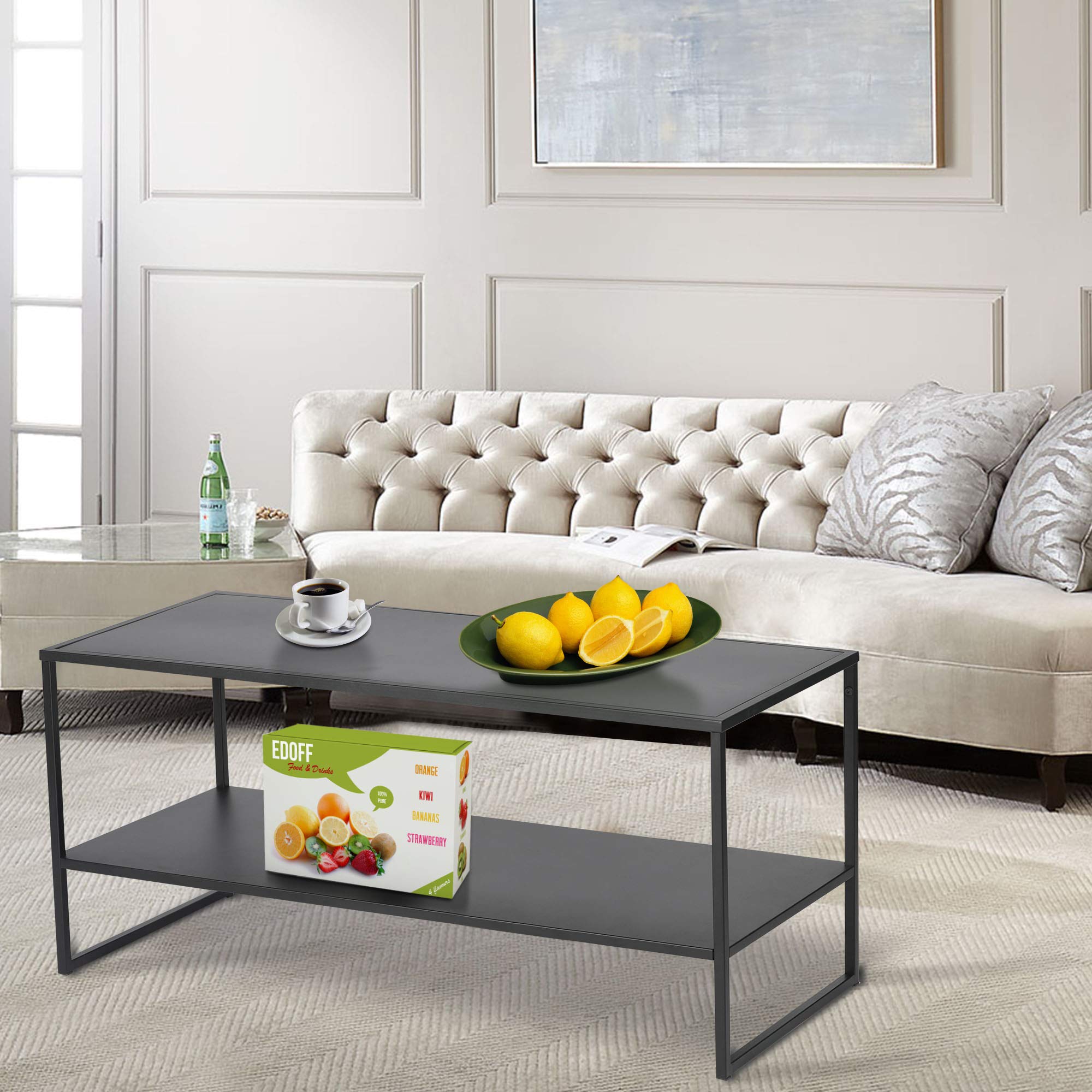 Industrial Coffee Table with Anti-Scratch Surface - 2-Tier Black Cocktail Table for Living Room, Modern Home Decor & Small Space Furniture - Perfect for Apartments, Dorms & Lounge Areas