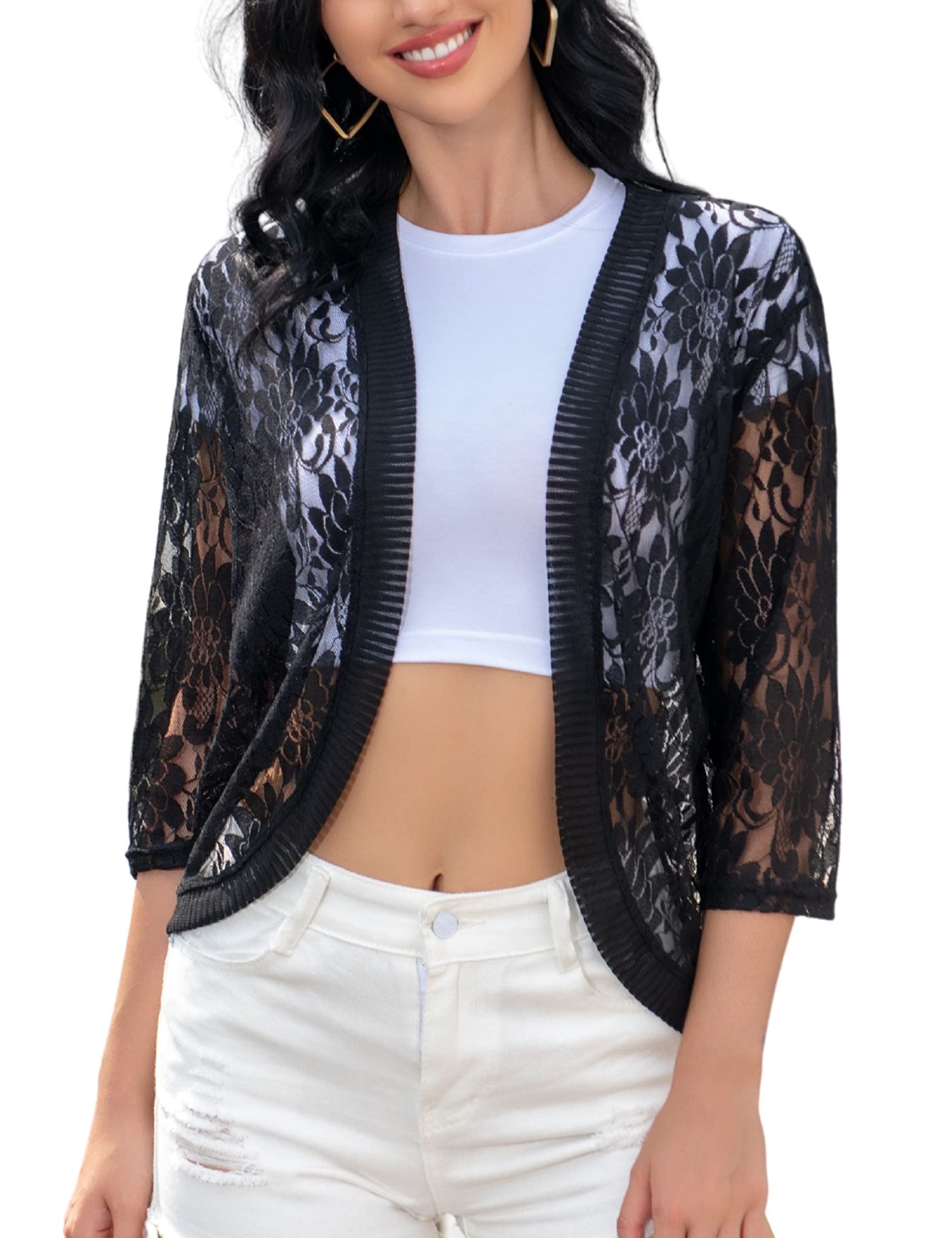 FindThy Women's Floral Lace Shrug Cardigan 3/4 Sleeve Crochet Bolero Jacket - Elegant Summer Cover Up for Weddings, Beach Parties & Date Nights