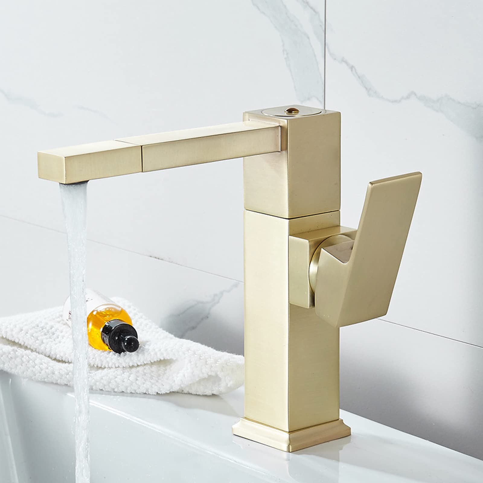 Universal Swivel Bathroom Sink Faucet - 1 Hole Brass Basin Mixer Tap with Brushed Gold Finish | Durable Bathroom Faucets for Face Washing & Hand Washing | Perfect for Modern Home, Hotel, and Spa Bathrooms