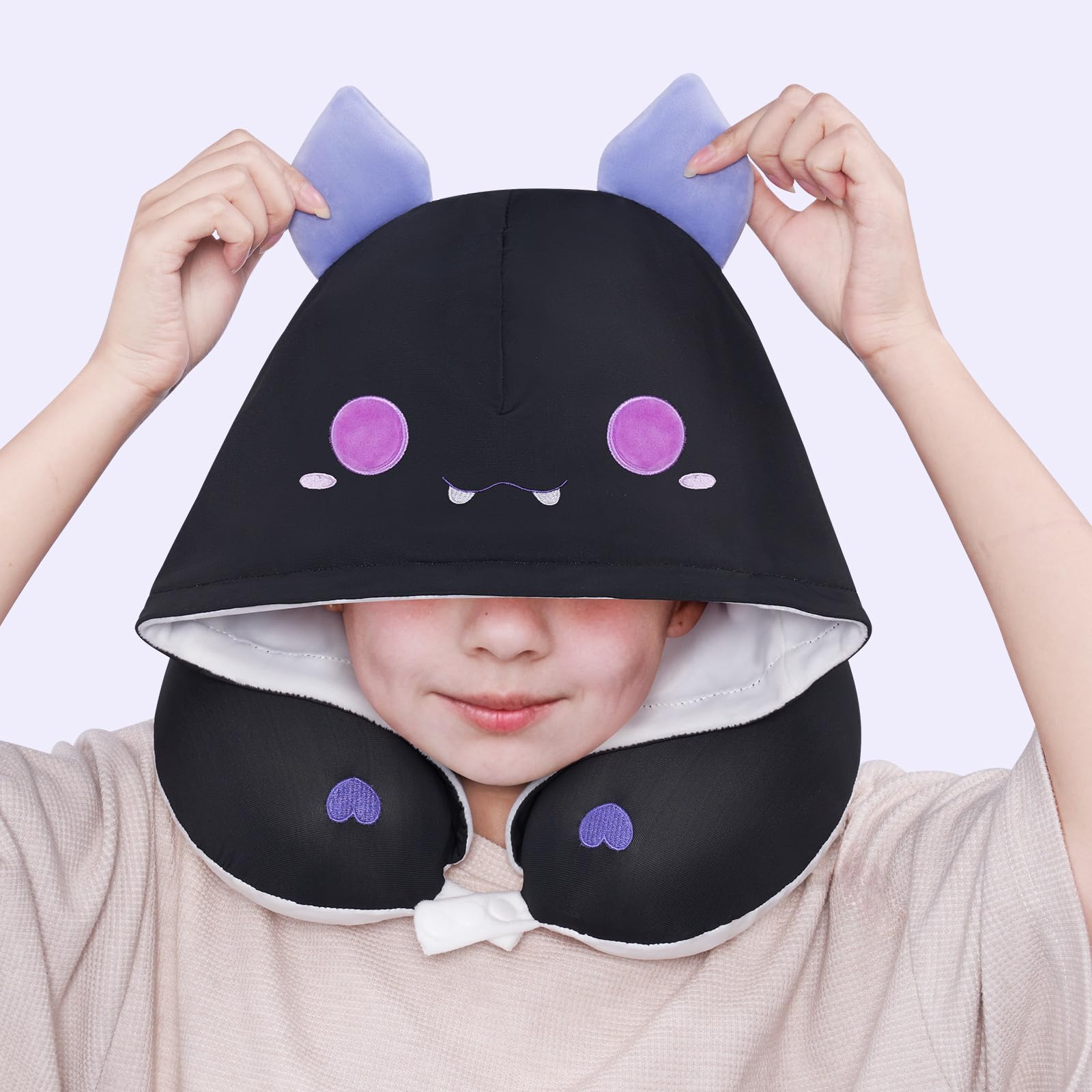 Memory Foam Travel Neck Pillow with Hood & Adjustable Strap - Soft Velvet & Cooling Ice Silk Fabric for Kids & Adults - Perfect for Airplane, Car & Office Napping