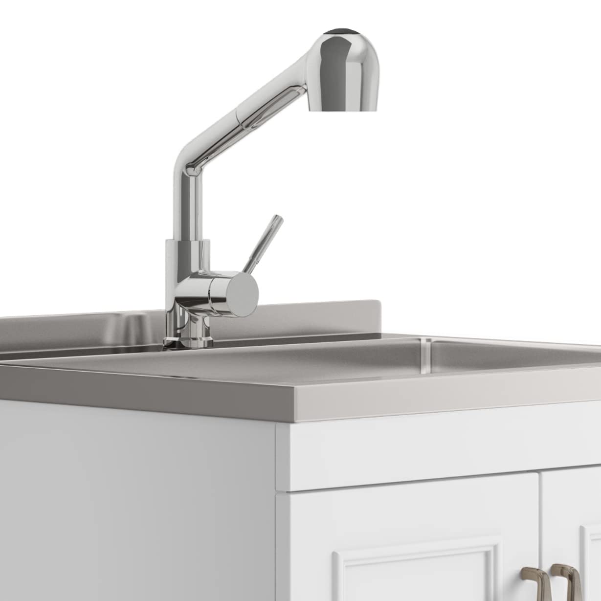 SIMPLIHOME 24-inch White Utility Sink Cabinet with Faucet - Stainless Steel Laundry Sink & Storage Drawer - Perfect for Laundry Room, Garage, Mudroom, Basement & Workshop Organization