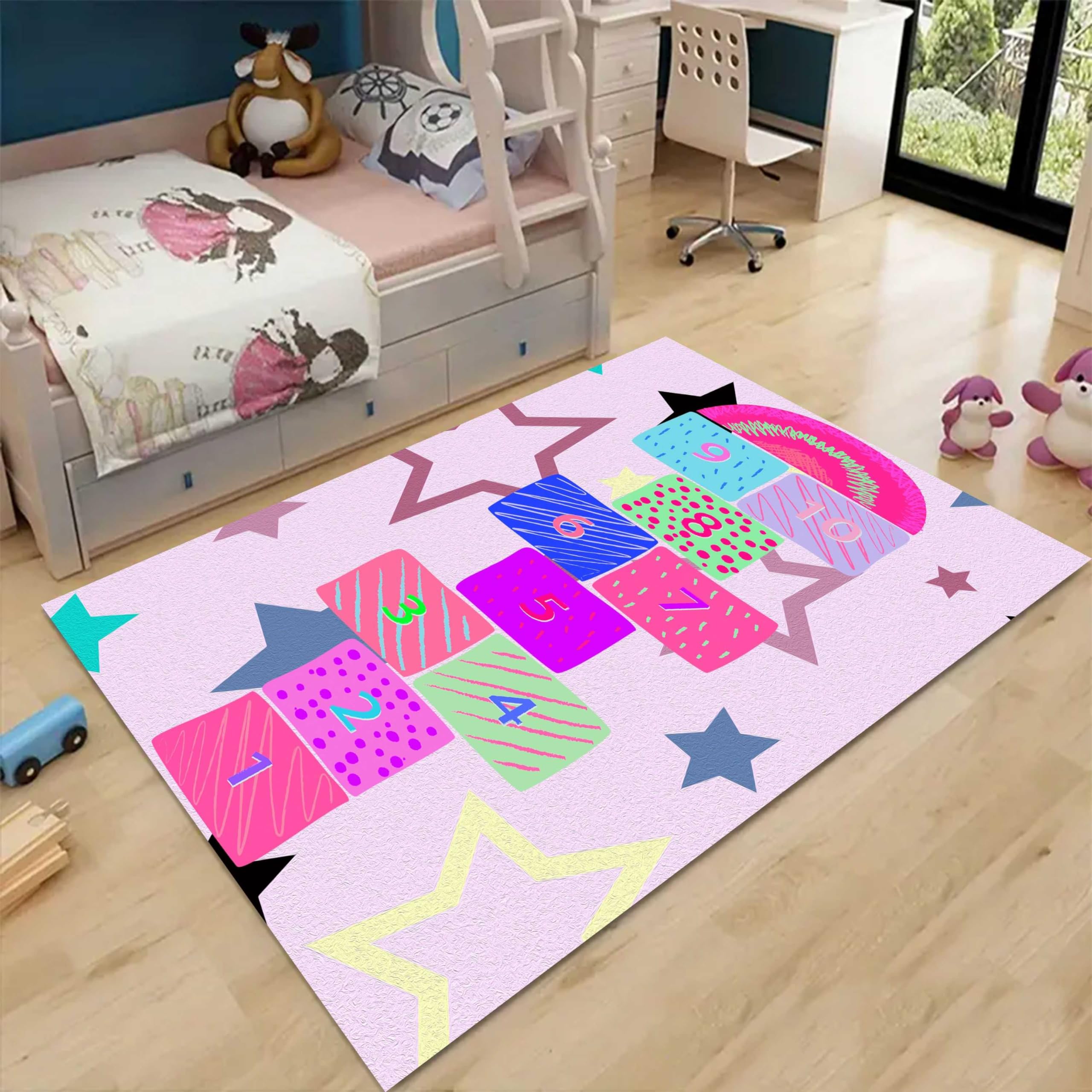 6x8ft Kids Play Area Rug - Fun & Educational Hopscotch Carpet with Star Pattern | Non-Slip Washable Indoor Play Mat for Girls Bedroom, Classroom & Nursery | Perfect for Learning Counting, Playtime & Room Decor