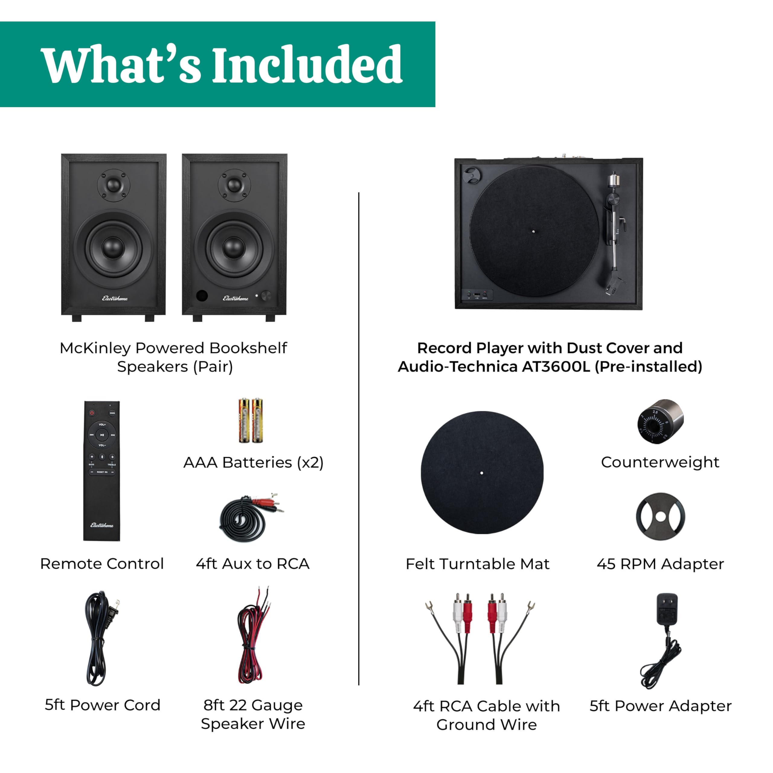 Electrohome Montrose Bluetooth Record Player with Audio-Technica Stylus - Belt-Drive Turntable, Built-in Preamp, Vinyl to MP3 Recording & 4