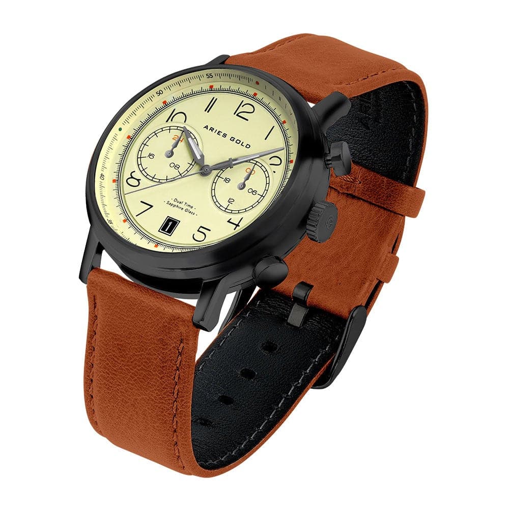ARIES GOLD Urban Journey Black Stainless Steel Men's Watch with Khaki Camo Brown Leather Strap - Perfect for Outdoor Adventures & Casual Wear
