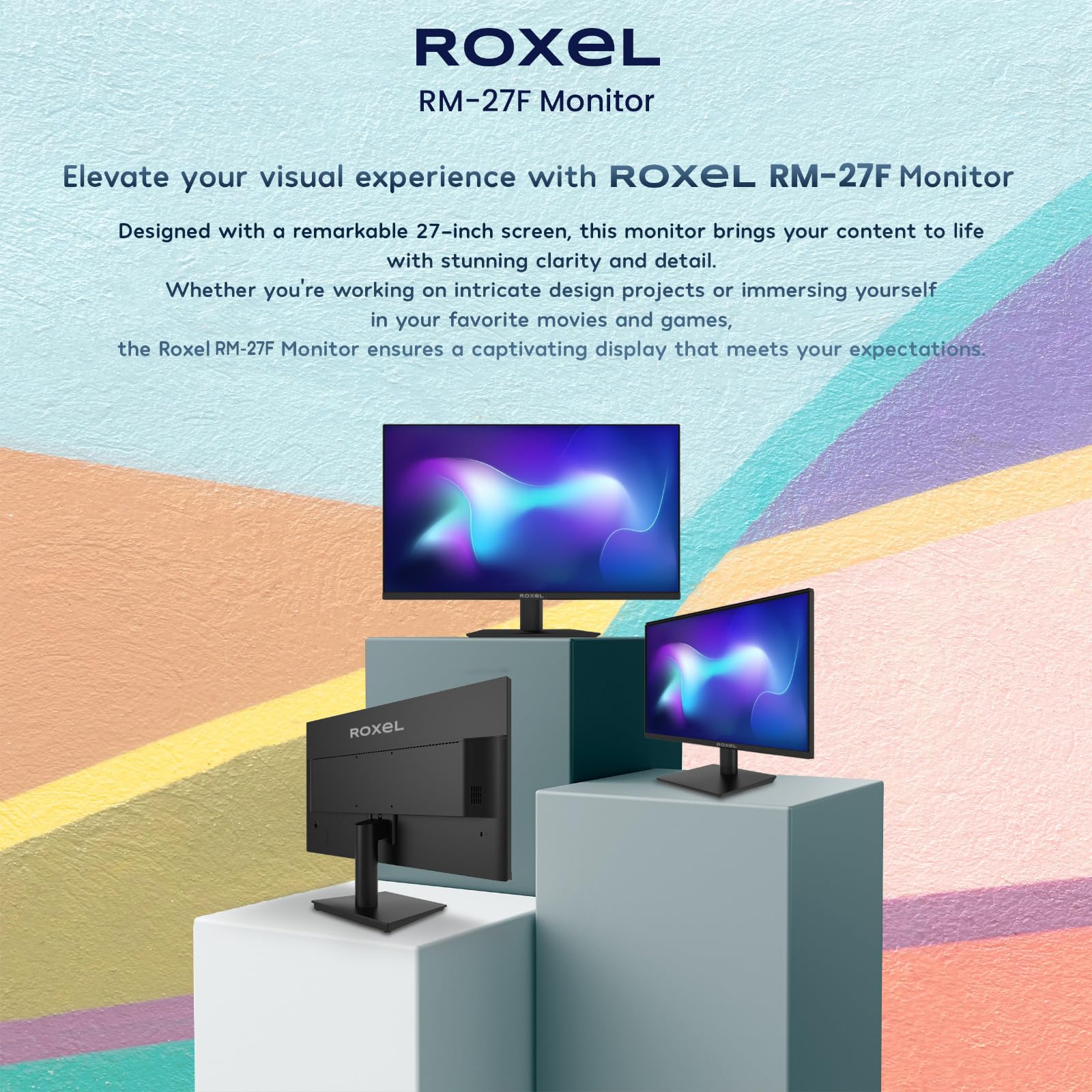 Roxel 27 Inch IPS FHD Computer Monitor - Borderless Design, 1080P Full HD, 75Hz Refresh Rate, HDMI & VGA Ports, 99% sRGB, 5ms Response Time, Eye Care (Flicker-Free & Low Blue Light), Frameless Display - Perfect for Home Office, Gaming, and Multimedia Entertainment