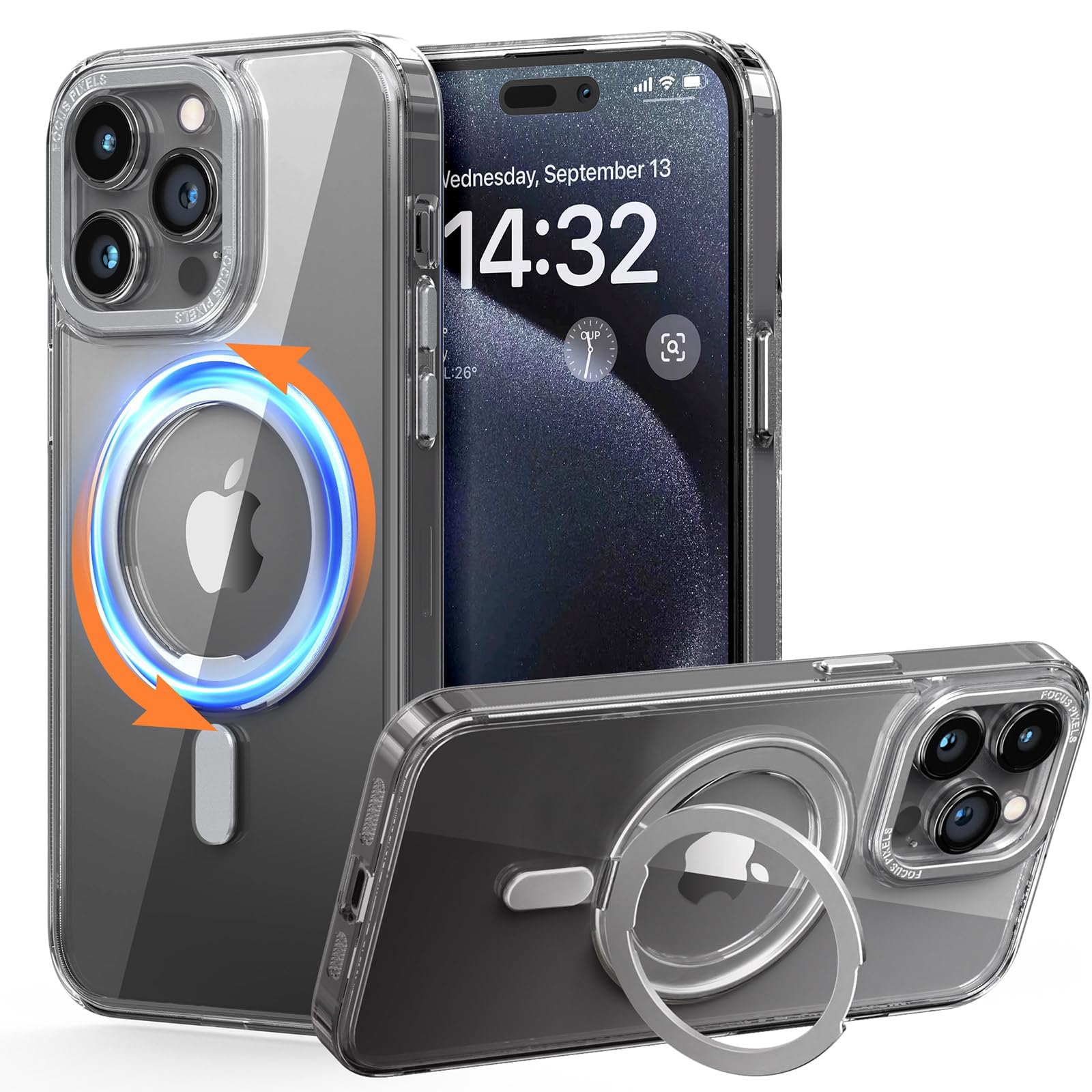 LOHASIC Magnetic Clear Case for iPhone 15 Pro Max with 360° Rotatable Stand & Invisible Ring Holder - Shockproof Phone Cover Compatible with MagSafe (2023 Model) - Perfect for Work, Travel, and Hands-Free Viewing