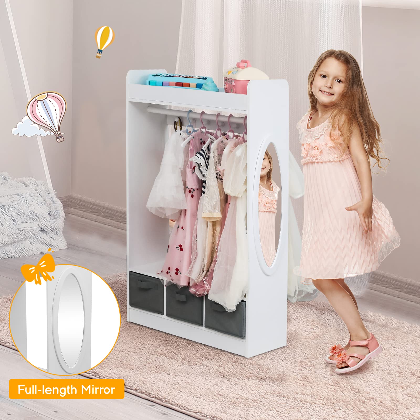 Kids Armoire Dress-Up Closet with Mirror - White Wooden Wardrobe with Non-Woven Drawers & Hanging Rack for Toddlers - Perfect for Bedroom, Playroom & Nursery Organization (Girls & Boys)