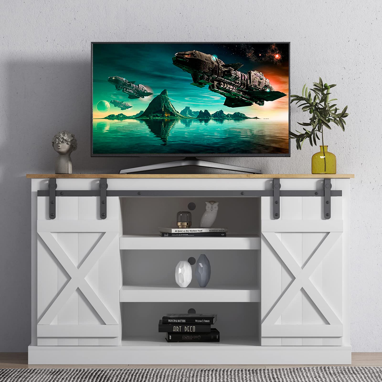 Rustic Farmhouse TV Stand with Sliding Barn Doors - Wooden Entertainment Center with Adjustable Shelves, Media Console for Living Room & Bedroom - Perfect for Cozy Home Decor & Movie Nights (White)