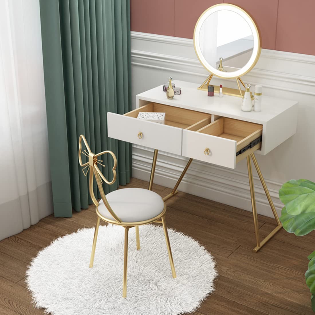 Elegant Bow Shaped Vanity Chair Set of 2 - Metal Frame PU Leather Makeup Stool with Butterfly Backrest for Women & Girls Bedroom Decor (White) - Perfect for Dressing Table, Boudoir, and Beauty Room