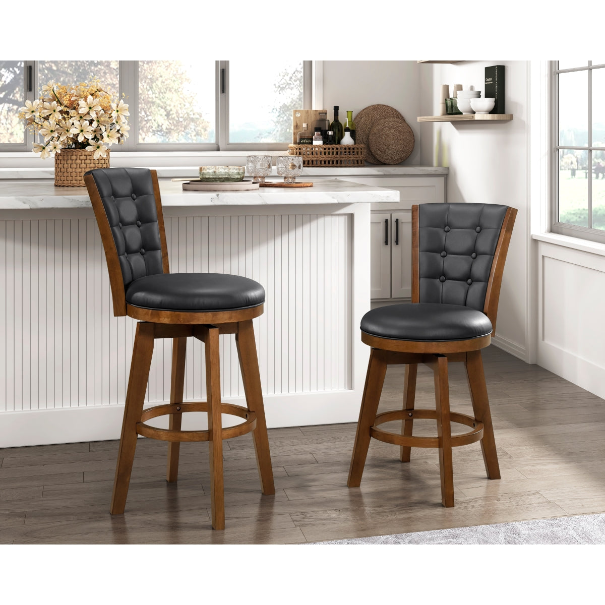 2 Pack Chestnut Swivel Bar Stools - Counter Height Adjustable Swivel Chairs for Kitchen Island, Breakfast Nook & Home Bar - Modern Espresso Brown Wooden Stools with Padded Seat