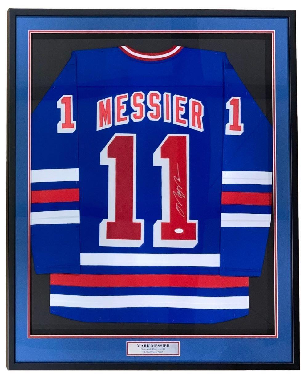 Mark Messier Autographed New York Rangers Blue Hockey Jersey - JSA Certified - Framed Memorabilia for Sports Fans & Collectors - Perfect for Man Cave, Game Room, or Office Decor
