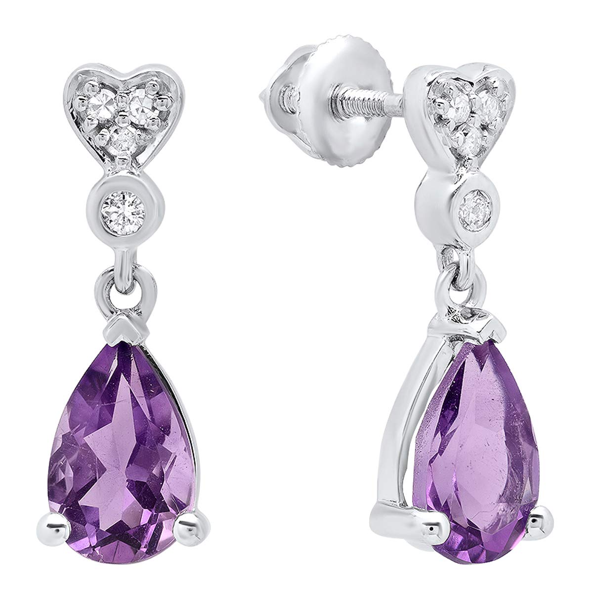 14K Solid White Gold Pear Amethyst & Round White Diamond Drop Earrings for Women - Elegant Dangling Jewelry for Weddings, Parties & Special Occasions