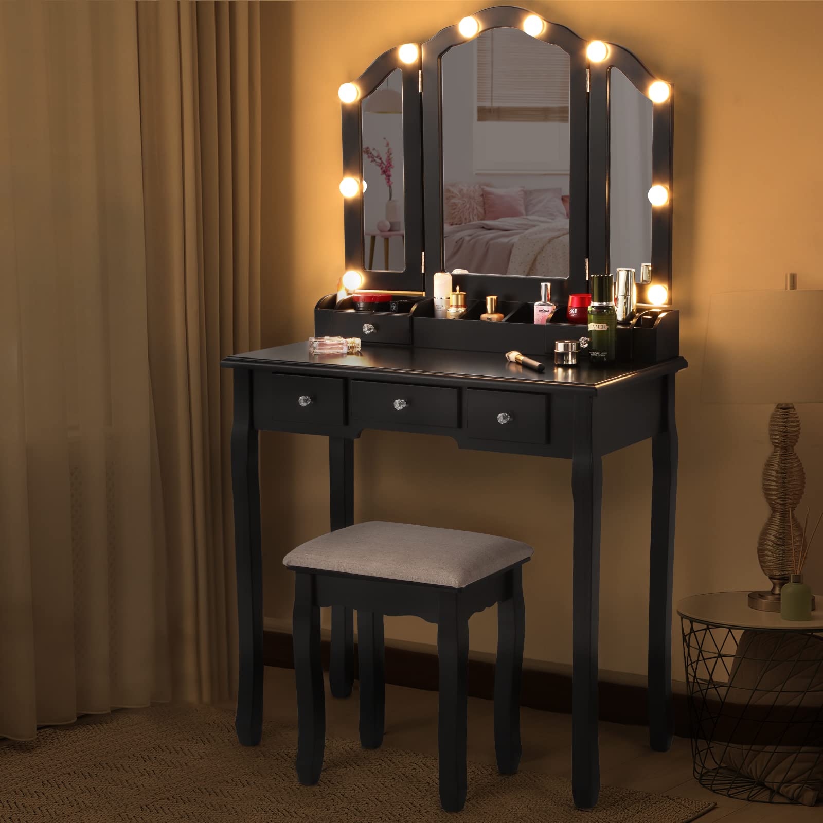 Professional Makeup Vanity Table with LED Lights & Tri-Folding Mirror - 5-Drawer Dressing Table with Lighted Mirror, Black - Perfect for Bedroom, Dressing Room & Beauty Salon Makeup Station
