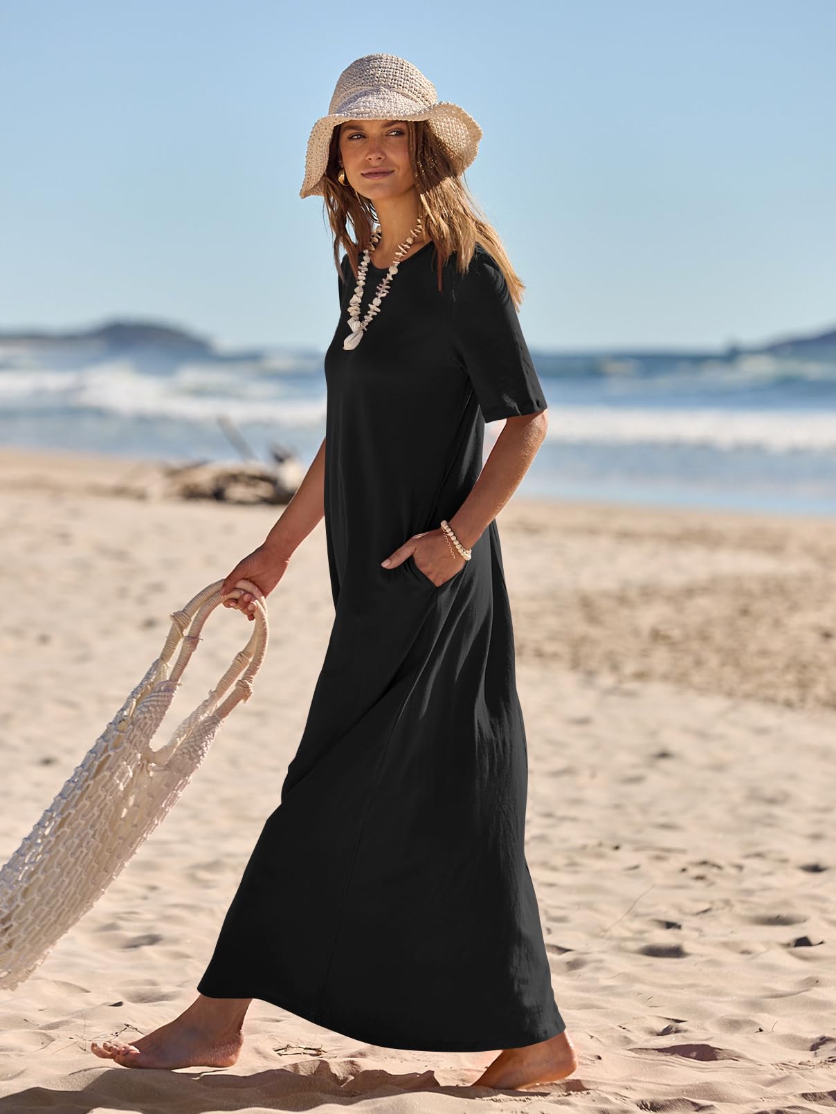 MEROKEETY Women's Summer Maxi Dress - Casual Short Sleeve Crewneck Long T-Shirt Dress for Beach Vacation & Everyday Wear | Perfect for Travel, Date Night, and Outdoor Activities