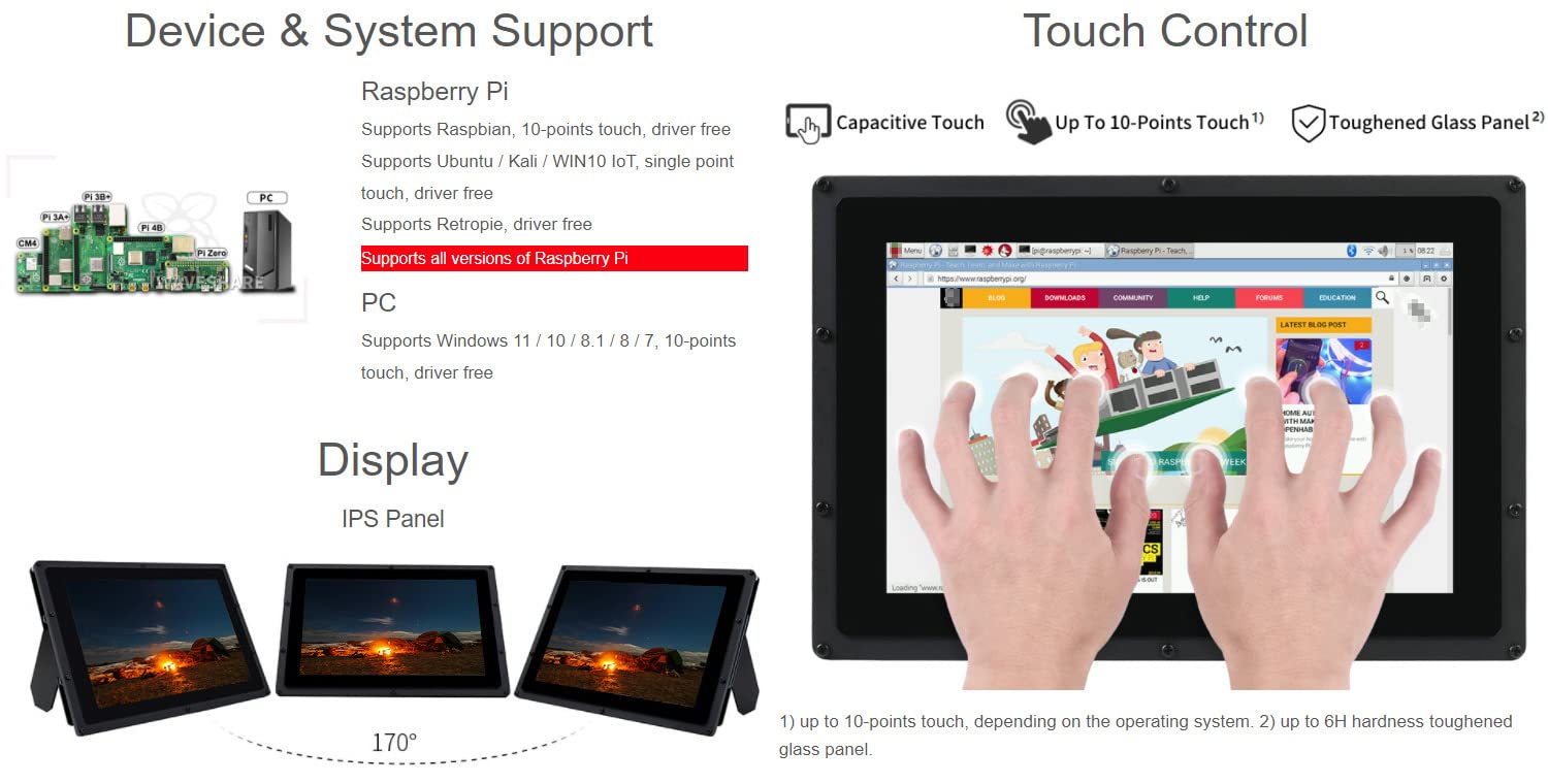 Waveshare 10.1 Inch Raspberry Pi Touchscreen Display - 1024×600 HD IPS LCD Monitor with Resistive Touch, HDMI Interface, Direct Plug for Raspberry Pi & Windows (Touch/Non-Touch) - Perfect for DIY Projects, Smart Home Control, and Industrial Applications