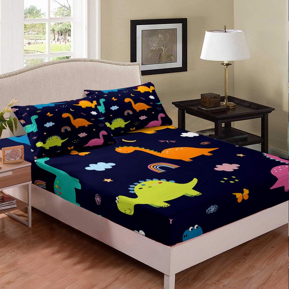Dinosaurs Cartoon Print 3-Piece Kids Duvet Set - Queen Size Fitted Sheet & 2 Pillowcases with Butterfly, Rainbow, Clouds & Moon Design | Space Universe Theme for Boys & Girls Bedroom Decor