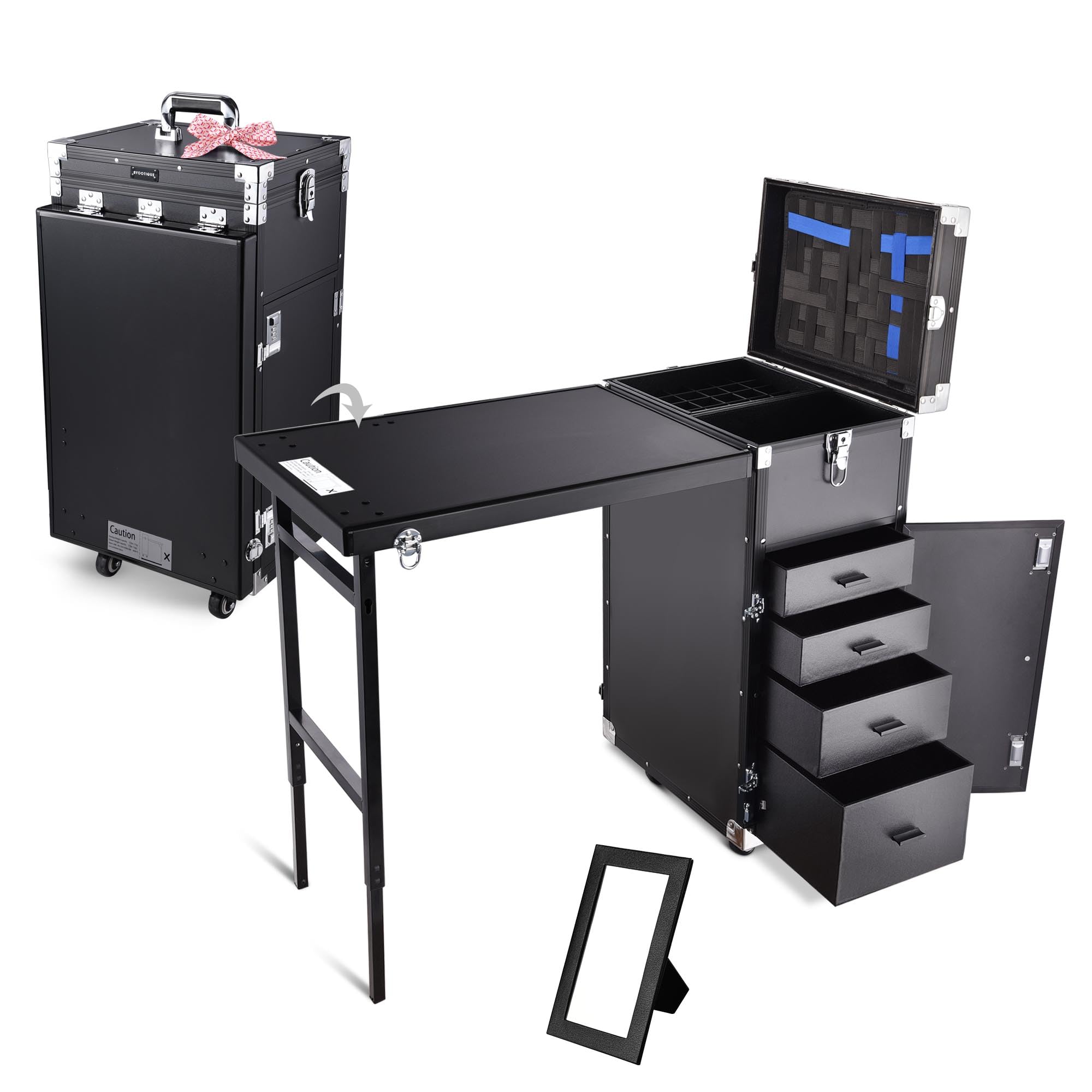 BYOOTIQUE Portable Rolling Manicure Table with 4 Drawers & Mirror - Foldable Nail Salon Station, Makeup Train Case & Tattoo Workstation for Professional Beauty Services, Home Salon & Travel Use - Black