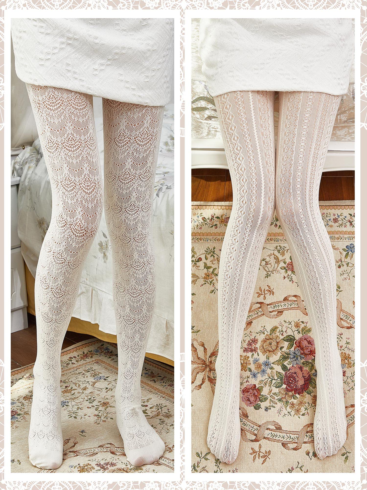 Jiuguva 2-Pack Hollow Out Knitted Pattern Tights for Women - Vertical Striped Cable Knit White Lace Pantyhose & Fishnet Stockings, One Size - Perfect for Parties, Cosplay and Winter Fashion