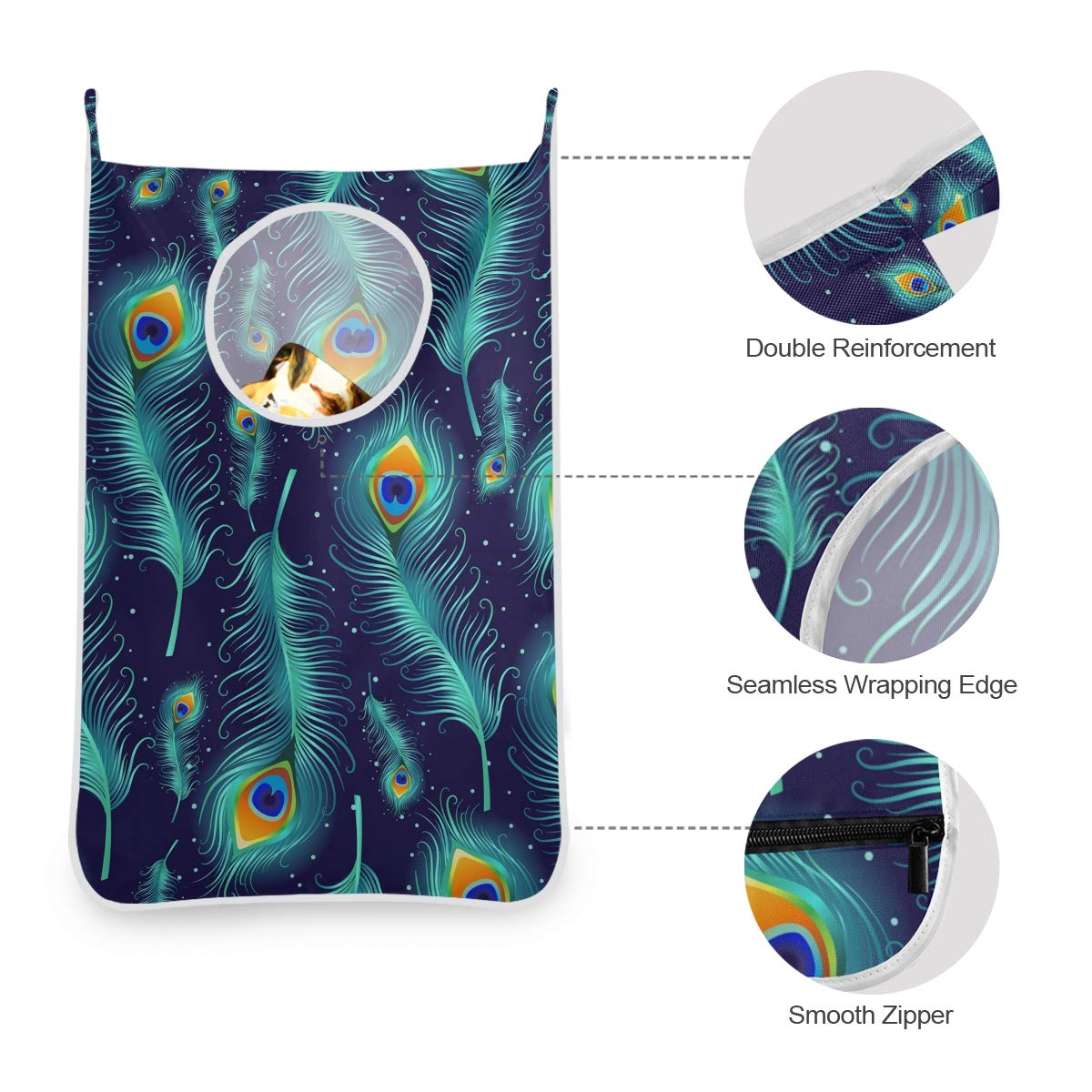 Peacock Feather Hanging Laundry Bag with Stainless Steel Hooks - Wall Mounted Clothes Hamper for Bedroom, Bathroom & Dorm Organization (1 Pack) - Perfect for Small Spaces & Closet Storage