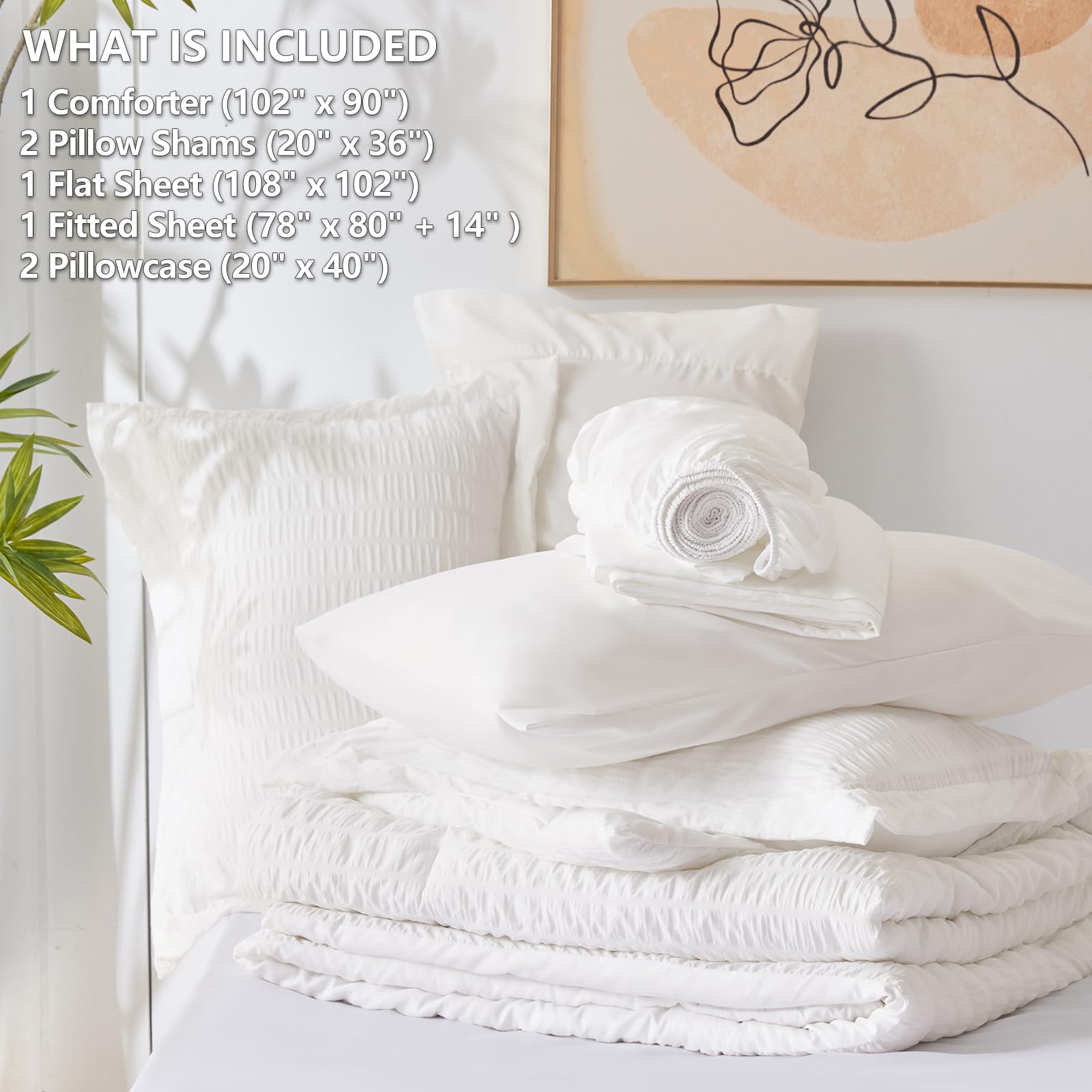 Luxury King Size Comforter Set - 7 Piece White Seersucker Bedding Set with Down Alternative Comforter, Sheets, Pillowcases & Shams | All-Season Soft Bed in a Bag | Perfect for Master Bedroom, Guest Room & Vacation Homes