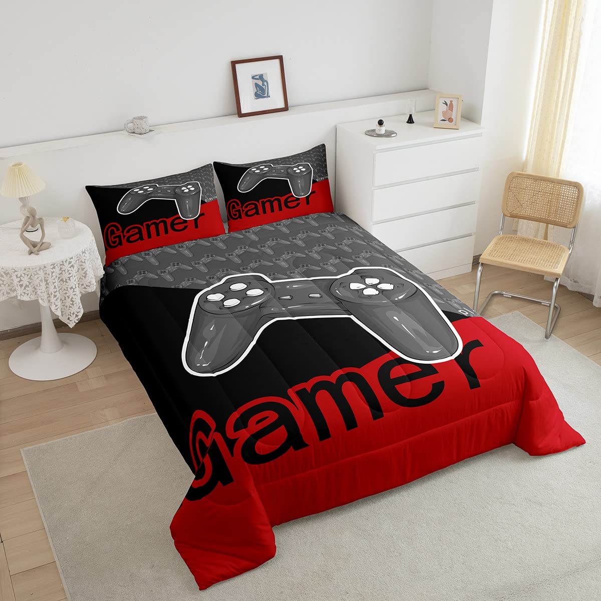 Erosebridal Boys Queen Bedding Sets - Gaming Themed Comforter Sets for Kids & Toddlers, Red and Grey - Perfect for Bedrooms, Sleepovers, and Gaming Rooms
