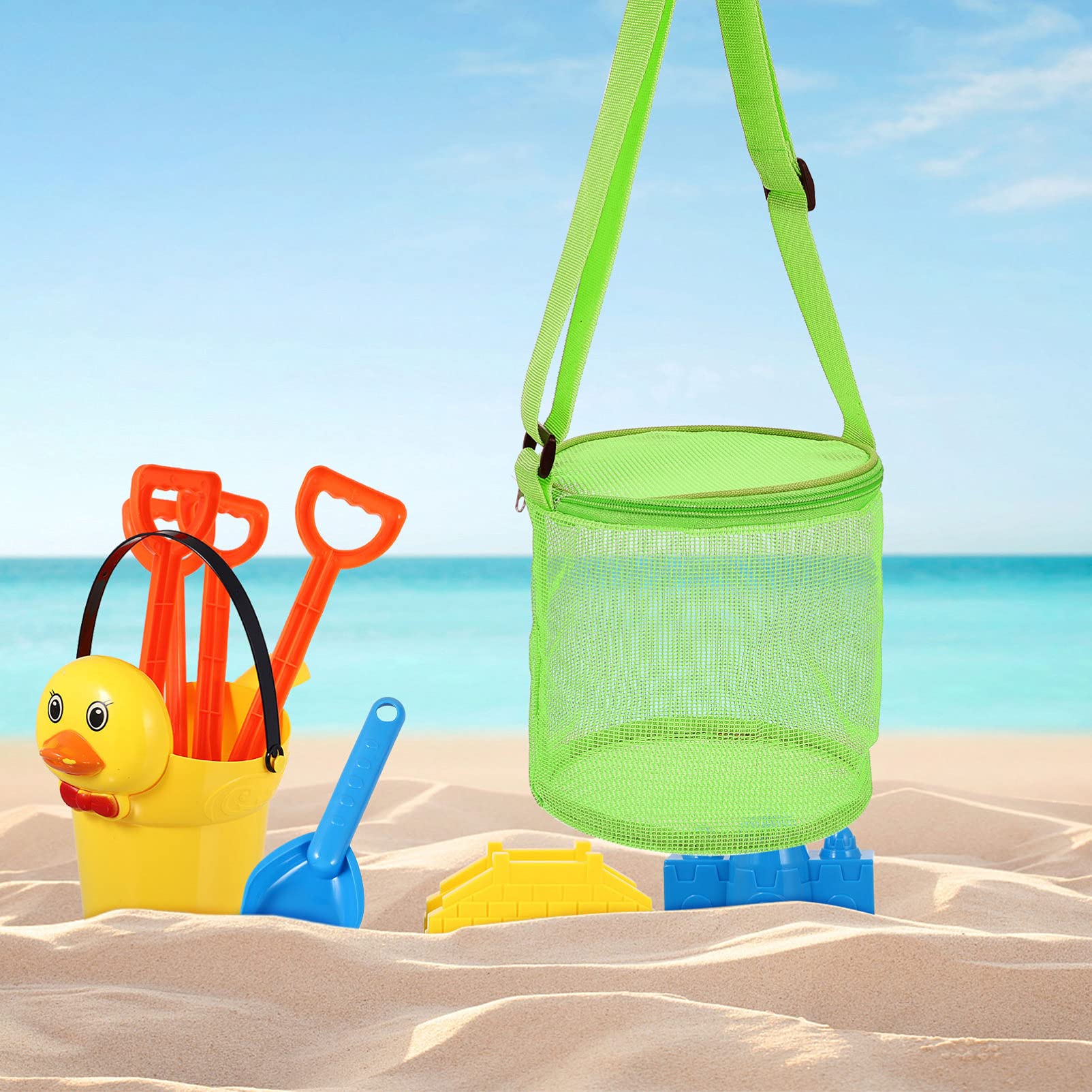Large Mesh Beach Toy Bag with Zipper - Durable Cylindrical Tote for Boys & Girls - Perfect for Summer Beach Trips, Pool Parties & Outdoor Adventures