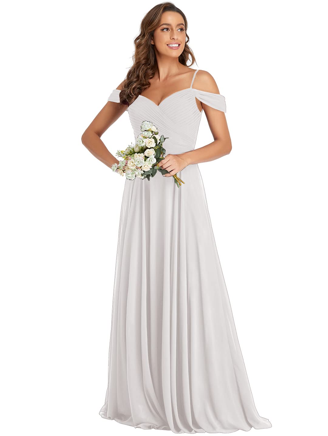 Elegant Off-The-Shoulder White Bridesmaid Dress - Long Chiffon Formal Gown for Wedding, Prom & Special Occasions | Perfect for Bridal Party, Evening Events & Formal Gatherings