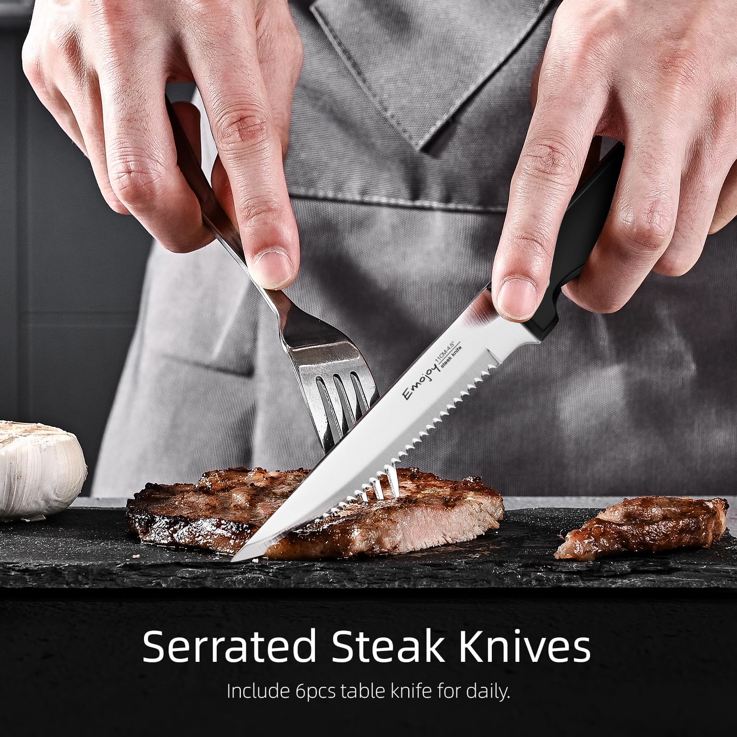 Emojoy 18-Piece Stainless Steel Knife Set with Block - Kitchen Knives with Built-in Sharpener, Shears & Carving Fork - Black | Perfect for Home Chefs, Cooking Enthusiasts & Professional Kitchens