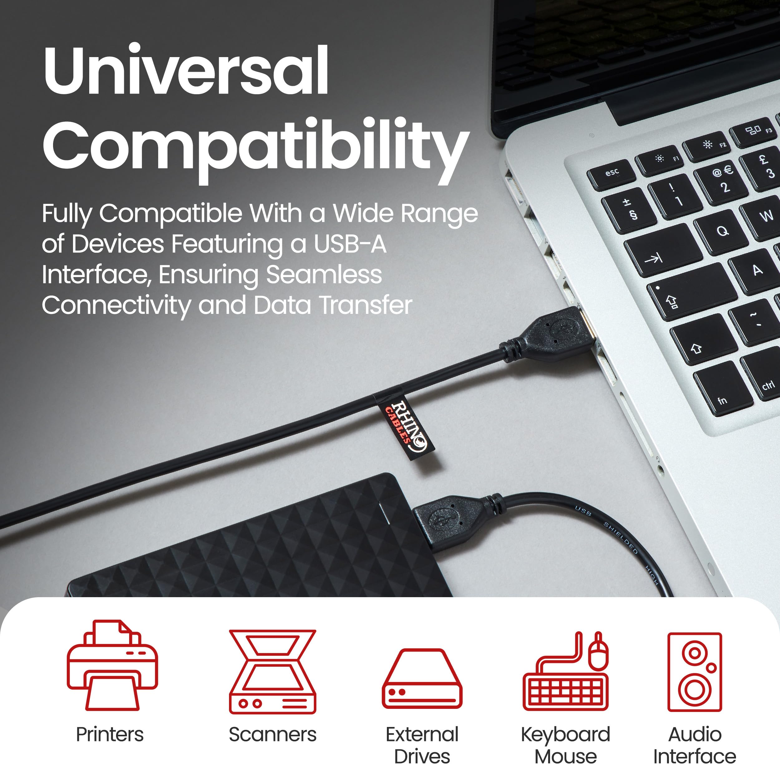 Rhinocables USB 2.0 A Male to Male Cable - High Speed Durable USB A to USB A Cord | 480Mbps Data Transfer, Universal Compatibility for Printers, Keyboards, Scanners, Hard Drives, Cameras | Perfect for Home Office, Gaming Setup & Computer Accessories (1.8m/6ft, Single Pack)