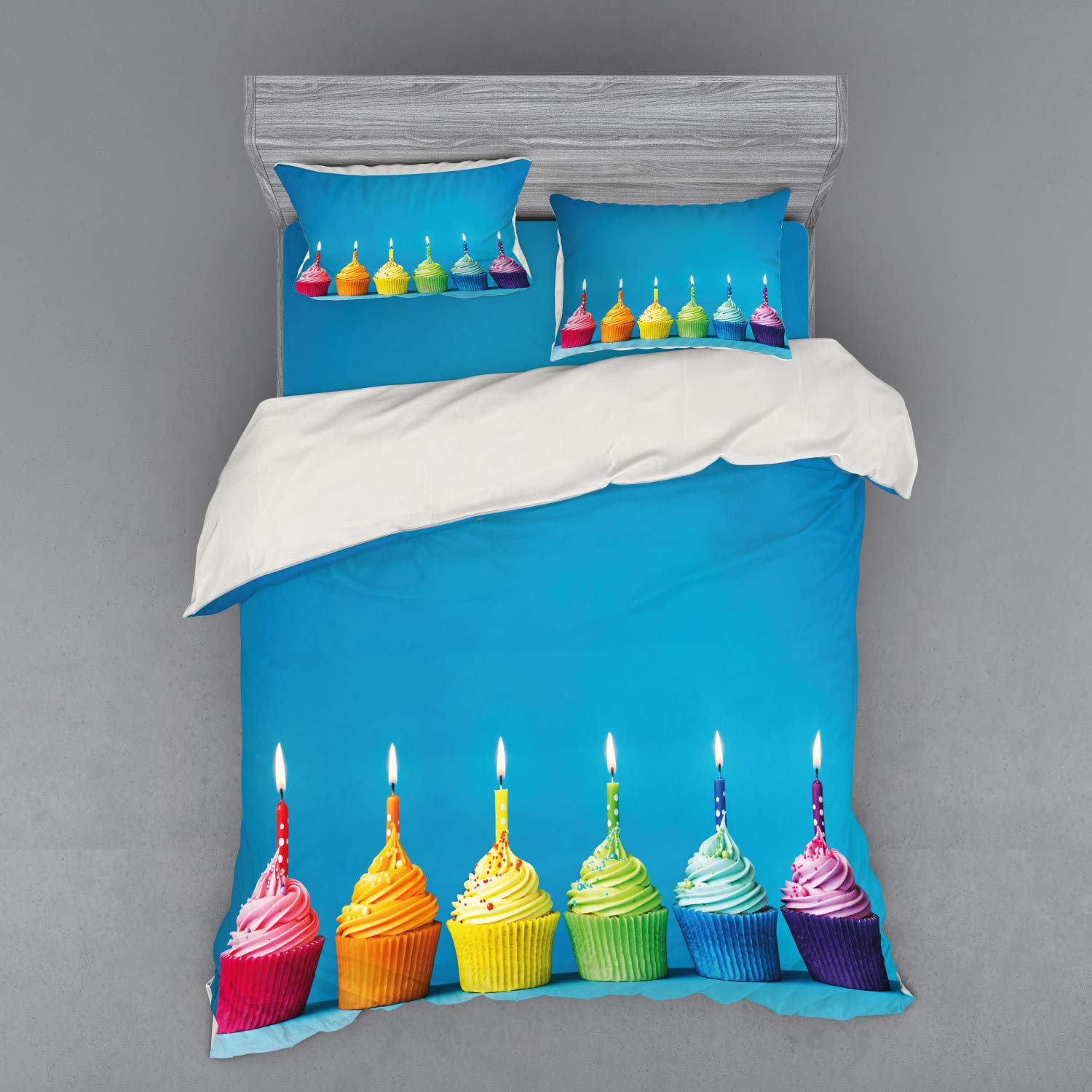 Ambesonne Rainbow Cupcake Birthday Bedding Set - 4 Piece Duvet Cover with Shams & Fitted Sheet, Queen Size, Multicolor | Fun Party Decor for Kids Room & Birthday Celebrations