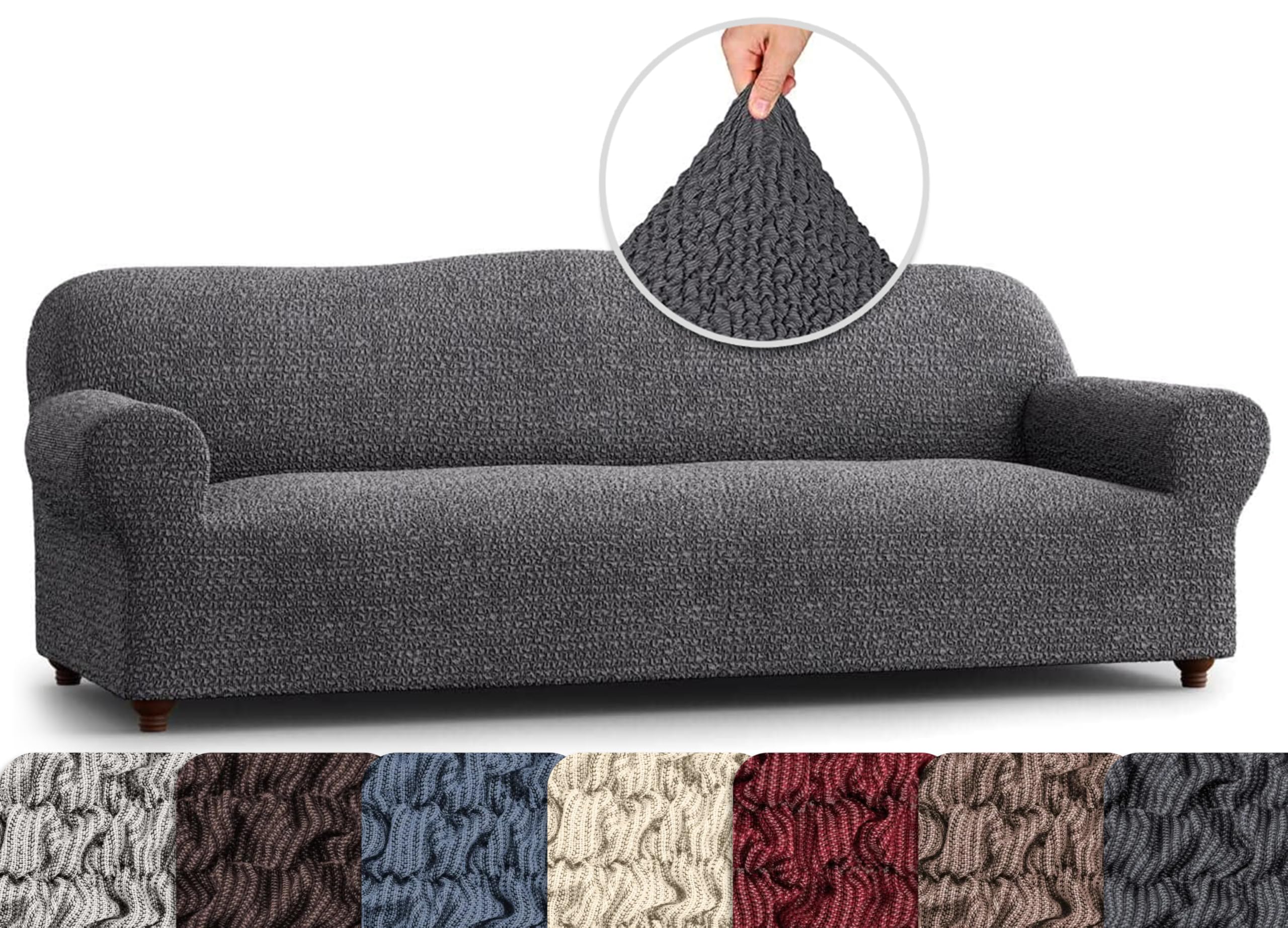 Stretch Sofa Slipcover - Washable 1-Piece Couch Cover with Soft Fabric - Pet-Friendly Form Fit Protector - Mille Righe Collection in Dark Grey - Perfect for Living Room, Family Room & Pet Owners