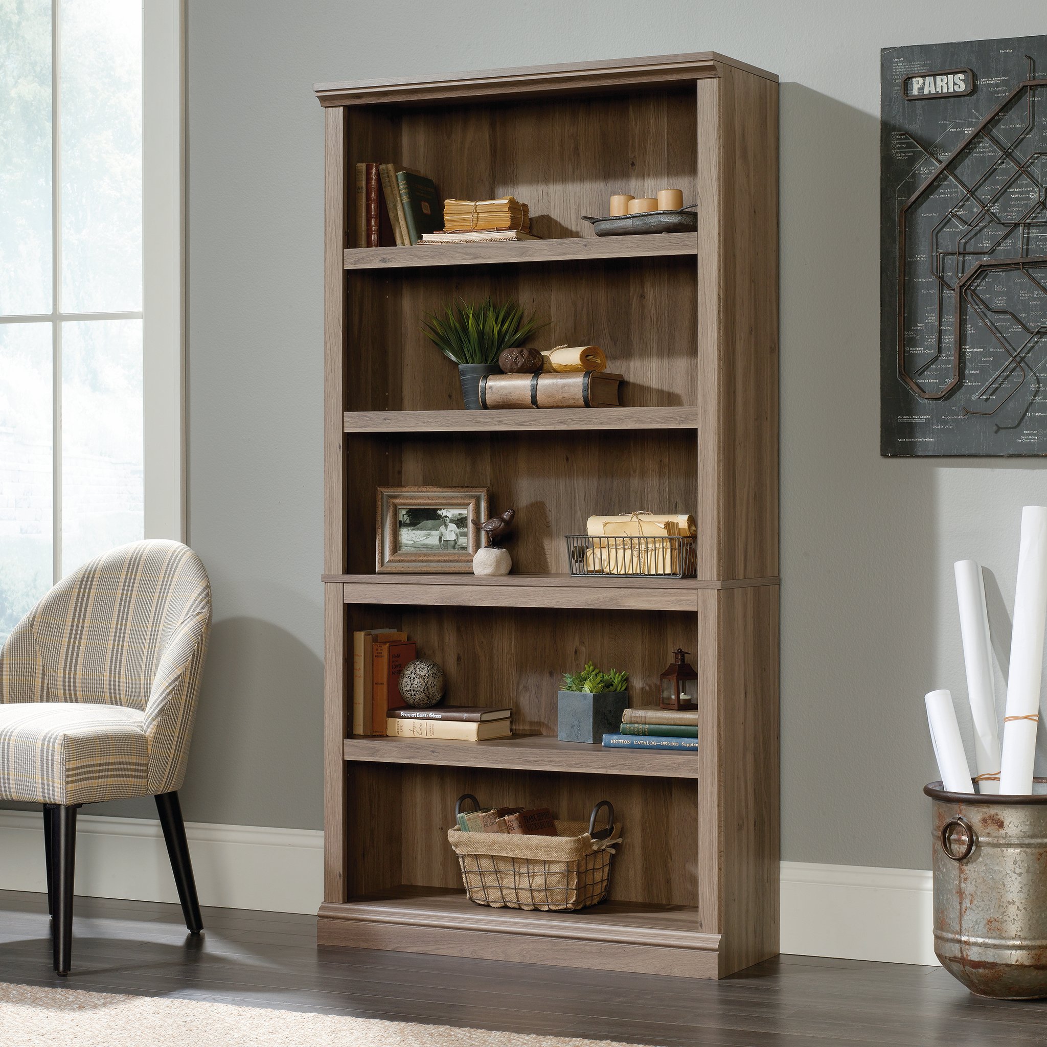 Sauder 5-Shelf and 3-Shelf Bookcase Storage Shelves - Salt Oak Finish for Home Office, Living Room & Bedroom Organization