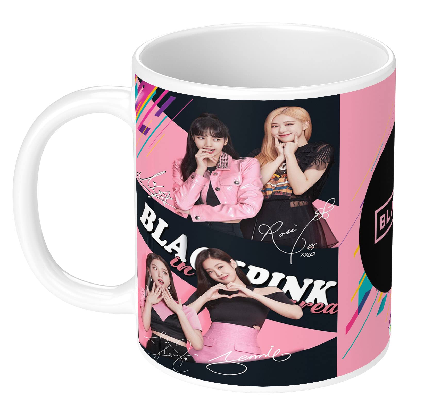 Blackpink Signature Ceramic Coffee Mug with Keychain - 350ml HD Printed Microwave Safe White Mug for Girls & Boys - Perfect Gift for K-Pop Fans, Office Use, and Home Decor (Pack of 2)