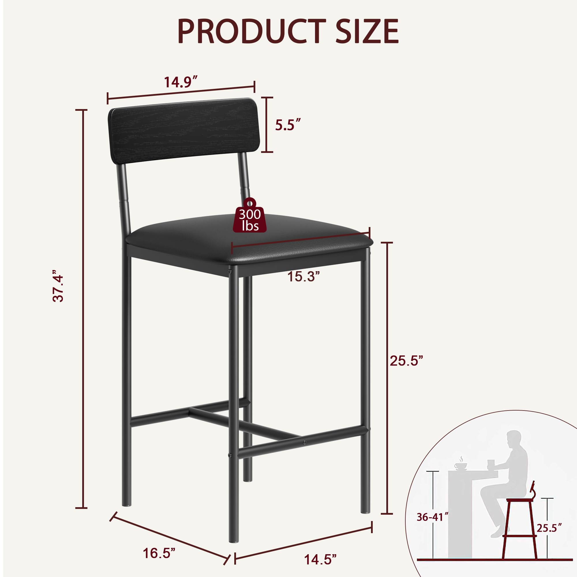 GARVEE 25.5 Inch PU Upholstered Bar Stools Set of 4 - Adjustable Height Kitchen Counter Stools with Footrest, Easy Assembly, Black - Perfect for Home Bar, Kitchen Island & Dining Room