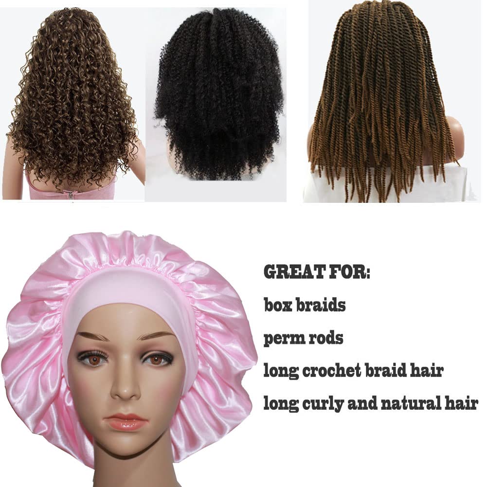 Veyrneic Satin Sleep Bonnet for Women - Wide Elastic Band Silk Night Cap for Braids, Natural Hair & Chemo - Includes Satin Storage Bag (Pink) | Perfect for Nighttime Hair Protection, Shower & Travel Use