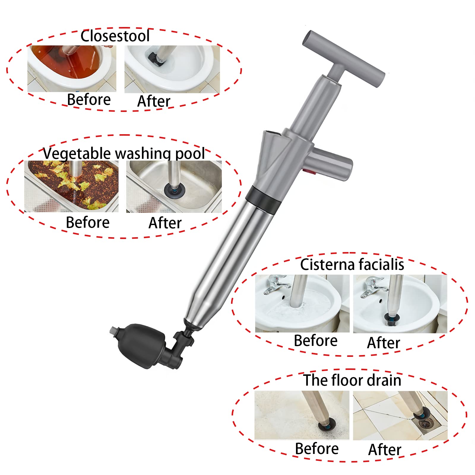 Stainless Steel High Pressure Toilet Plunger - Bathroom Drain Clog Remover for Sink, Floor Drain & Clogged Pipes - Heavy Duty Plumbing Tool (Gray) - Perfect for Home, RV & Commercial Use